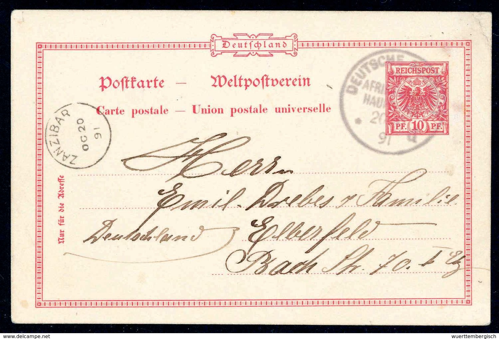 Beleg "Zanzibar 19/10 91, D.R.P. Dampfer Kaiser", Hs. Abs.-Vermerk Auf Postkarte 10 Pfg. Mit Stempel SEEPOST OST-AFRIKAN - Autres & Non Classés