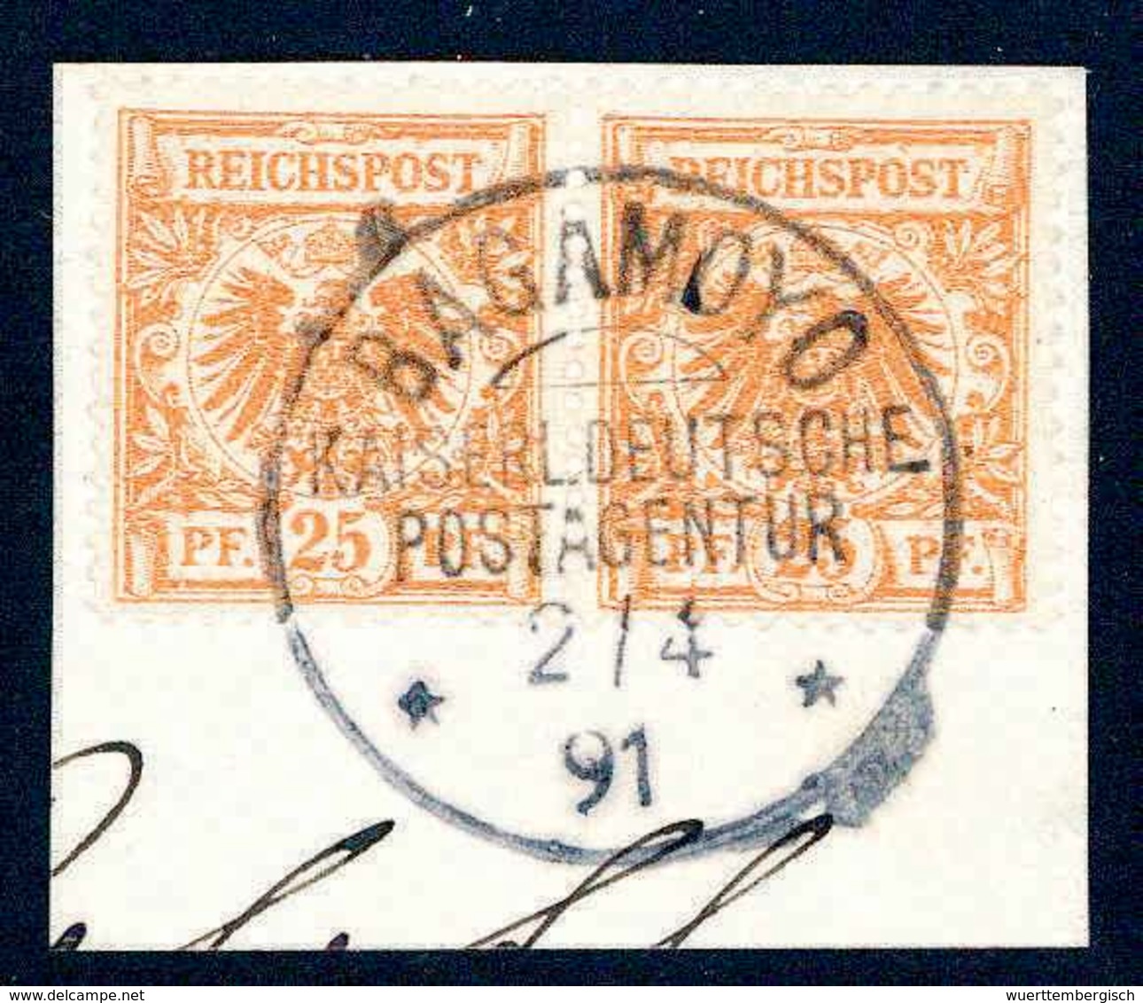 Briefst. 25 Pfg., Tadelloses Waagr. Paar Auf Briefstück Mit Vollem Stempel BAGAMOYO KDPA 2/4 91. Selten, Sign. Bothe (Dr - Sonstige & Ohne Zuordnung