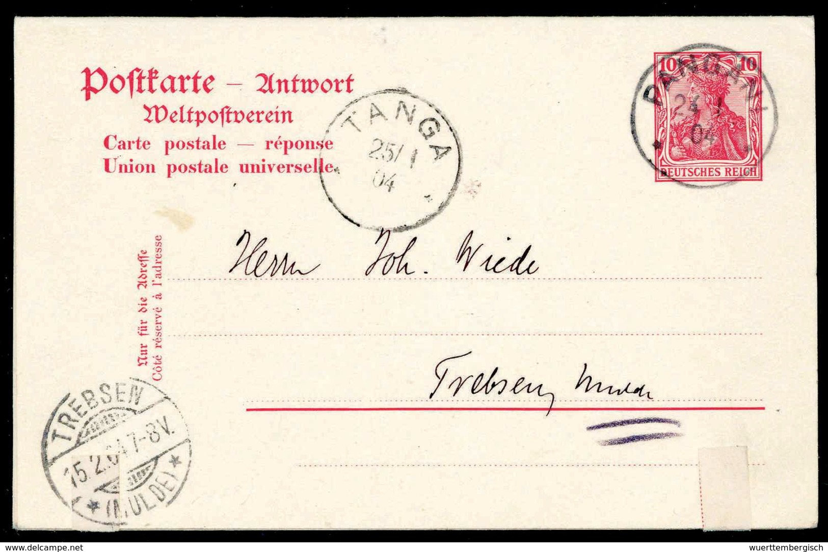 Beleg 1904, Germania-Doppelkarte 10/10 Pfg. Mit Stempel LEIPZIG 12/12 03 Nach Pangani (mit Text), Antwortteil O.Text Mit - Sonstige & Ohne Zuordnung