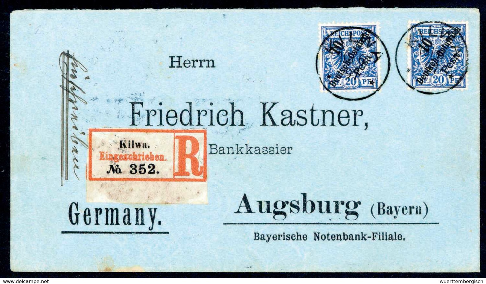 Beleg 10 P., Zwei Tadellose Exemplare Auf Blauem Einschreibe-Vordruckbrief Nach Augsburg, Klare Stempel KILWA 10/6 97. ( - Sonstige & Ohne Zuordnung