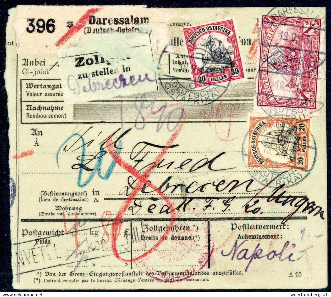 Beleg 1 R., Mischfrankatur Mit 20 Und 30 H. Mit Wz. Auf Gef. Paketkarte Nach Ungarn (30 H. Kl. Mgl.), Klarer Stempel DAR - Other & Unclassified