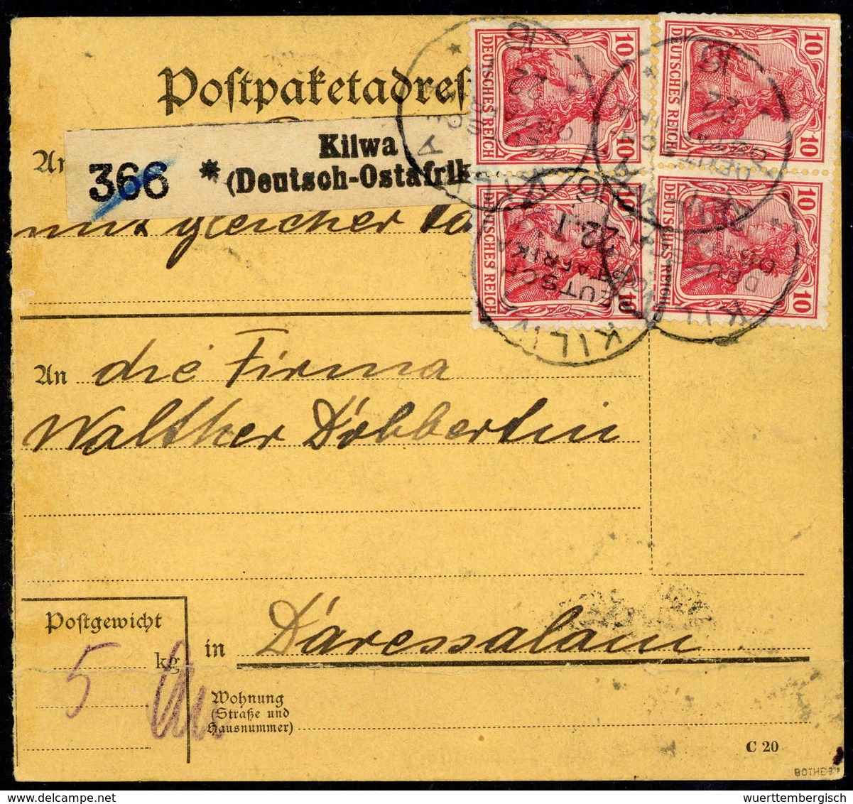 Beleg 10 Pfg. = 7½ H., "Königsberg-Marken", 20 Exemplare, Teils In Einheiten Vs. Und Rs. Auf Schöner Gelber Paketkarte ( - Sonstige & Ohne Zuordnung