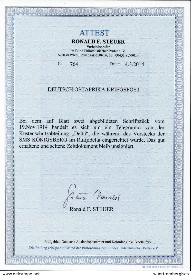 Beleg Küstenschutzabteilung "Delta" Von Kreuzer "Königsberg": Not-Telegramm Mit Absendevermerk "Von Delta W 19/11 7 U" U - Andere & Zonder Classificatie