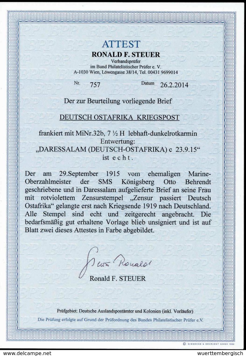 Beleg DARESSALAM 23/9 15, Auf Brief 7½ H. Des Königsberg-Besatzungsmitglieds Otto Behrendt Nach Dtld. (kl. Lichtrand) Mi - Andere & Zonder Classificatie