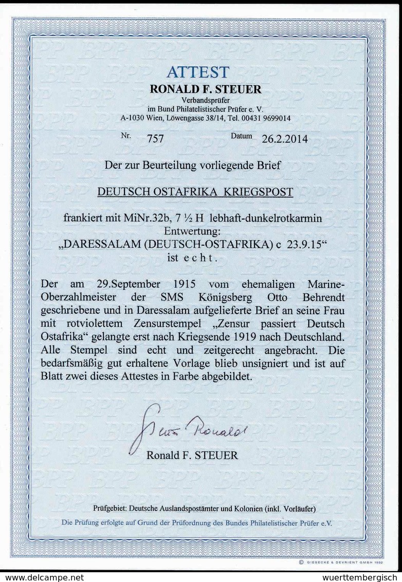 Beleg DARESSALAM 23/9 15, Auf Brief 7½ H. Des Königsberg-Besatzungsmitglieds Otto Behrendt Nach Dtld. (kl. Lichtrand) Mi - Sonstige & Ohne Zuordnung