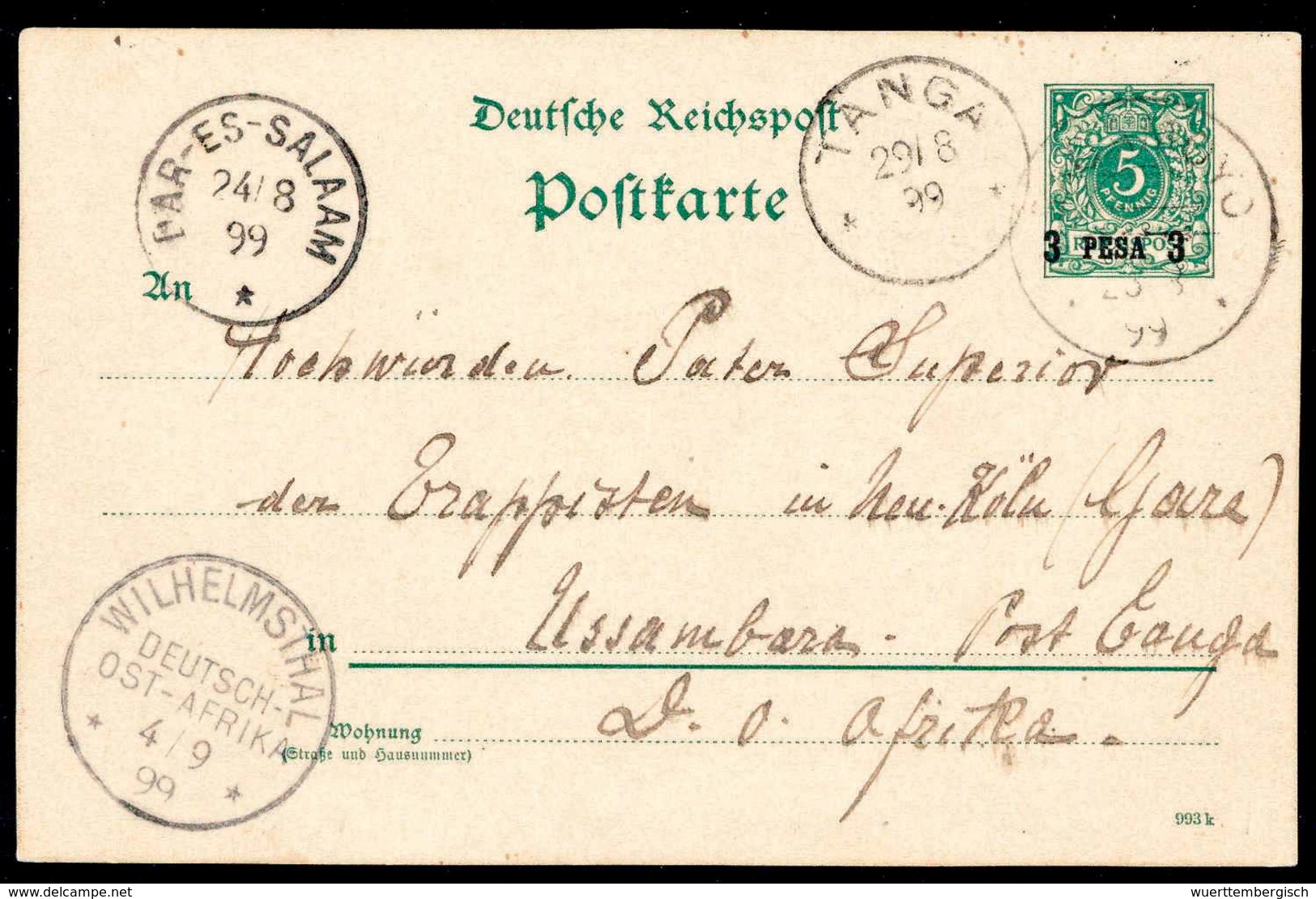 Beleg 3 P., Tadellose Bedarfskarte Mit Stempel BAGAMOYO 23/8 99 Via Daressalam, Tanga Und Wilhelmsthal Nach Usambara (Tr - Other & Unclassified