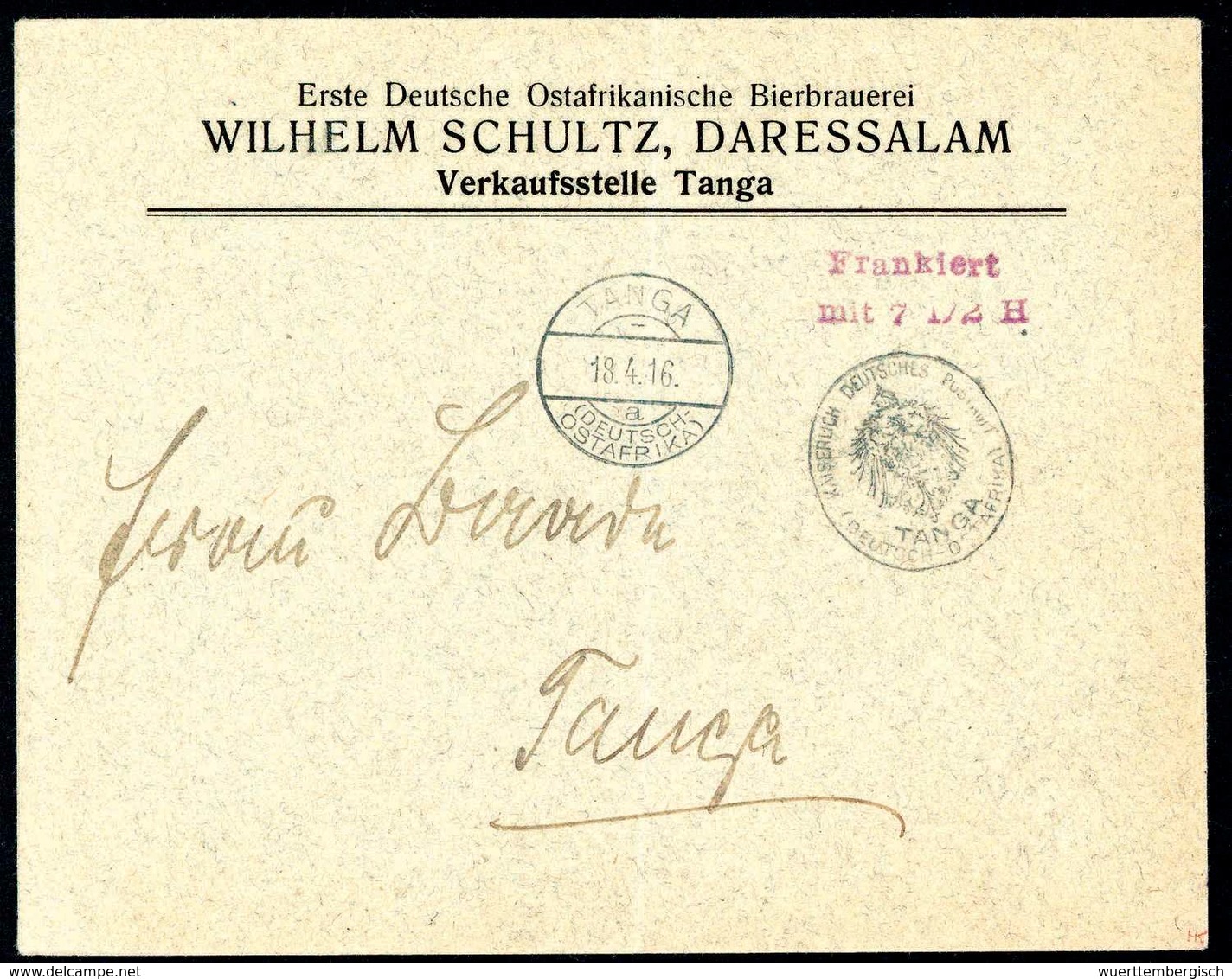 Beleg 1916, Vorausfrankierungs-Umschlag Tanga-Ausgabe Mit Violettem Franko-L2 "7½ H." Als Gef. Ortsbrief Der Bierbrauere - Autres & Non Classés