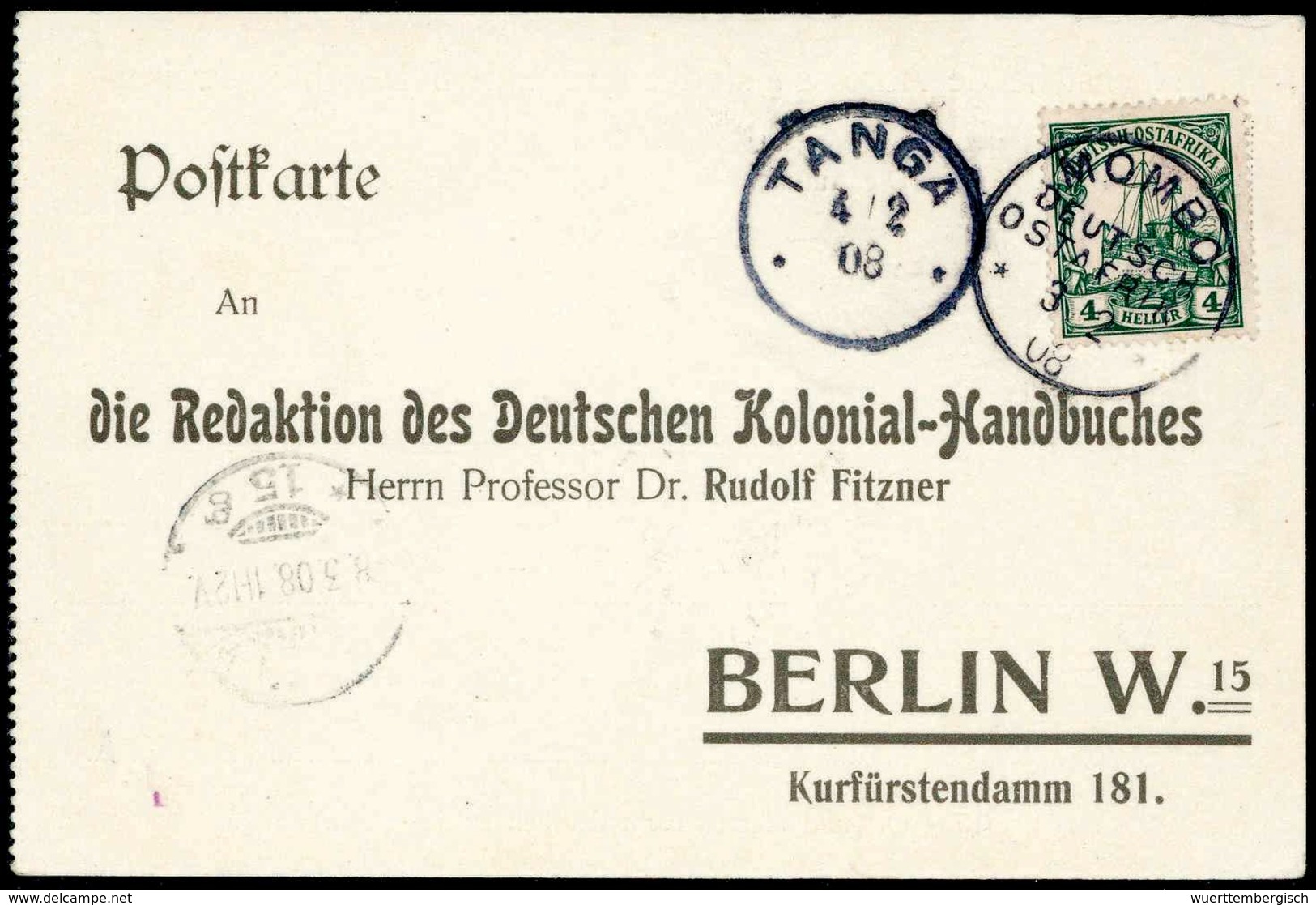 Beleg MOMBO 3/2 08, Klar Auf Tadelloser Vordruck-Antwortkarte 4 H. Via Tanga Nach Berlin (dazu Foto-AK "Straßenbild Momb - Other & Unclassified