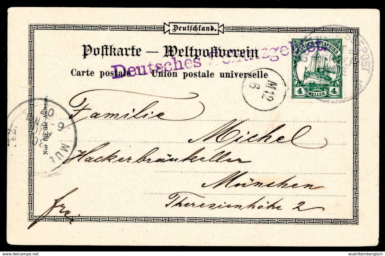 Beleg OST-AFRIKA-LINIE "s" ("Prinzessin") 12/8 07 Sowie Violetter L1 "Deutsches Schutzgebiet" Auf Schöner Bedarfskarte 4 - Other & Unclassified