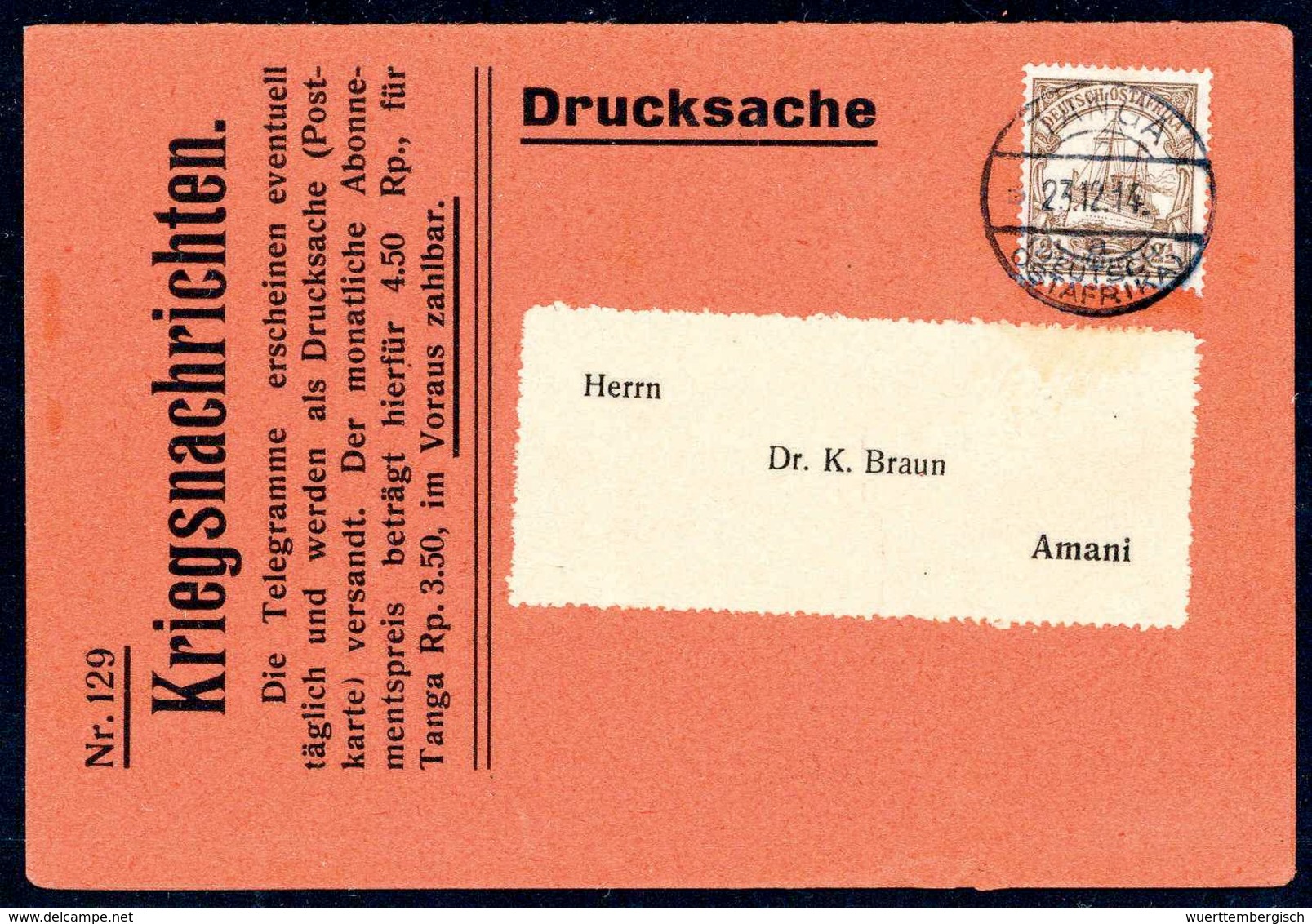 Beleg TANGA "a" 23/12 14, Klar Auf Orangefarbener Kriegsnachrichtenkarte Nr.129 (Doppelkarte), Frankiert Mit 2½ H. Nach  - Sonstige & Ohne Zuordnung