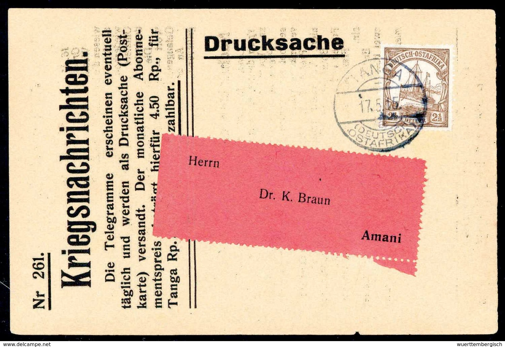 Beleg TANGA 17/5 15, Klar Auf Kriegsnachrichtenkarte Nr.261, Frankiert Mit 2½ H. Nach Amani. (Michel: 30) - Other & Unclassified