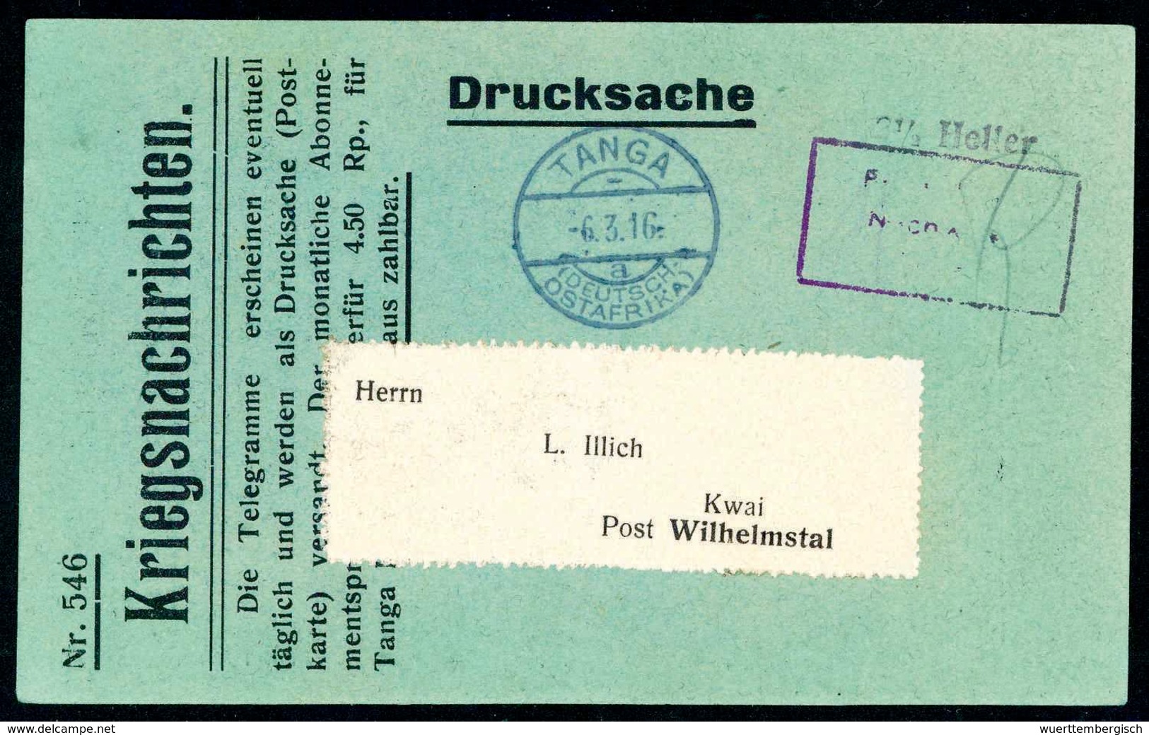 Beleg TANGA "a" 6/3 16, Klar Auf Grüner Kriegsnachrichtenkarte Nr.546 Mit Barfrankierungs-R3 Und Portostempel "2½ Heller - Sonstige & Ohne Zuordnung