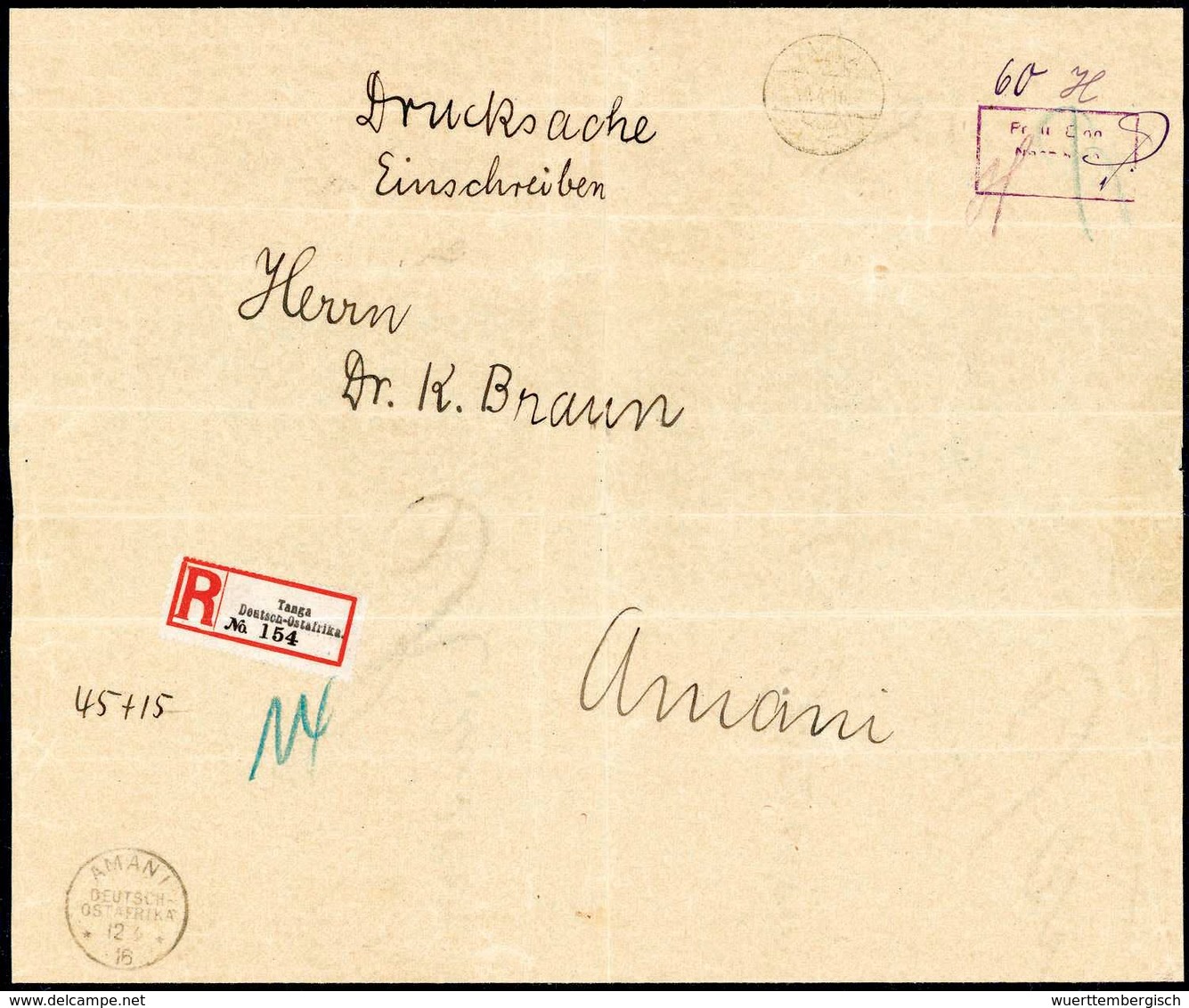 Beleg TANGA 10/4 16, Mit Violettem Barfrankierungs-R3 Mit Hs. Portovermerk "60 H." Auf Großformatiger, Mehrfach Gef. Ein - Other & Unclassified