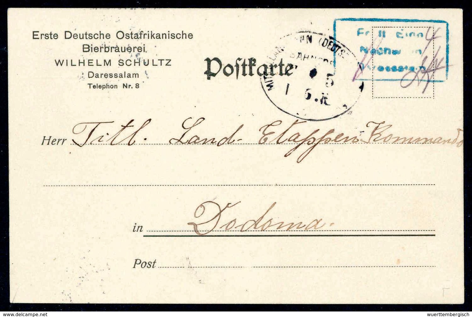 Beleg MITTELLANDBAHN BAHNPOST ZUG 5. 1/6 16, Auf Postkarte Nach Dodoma, Blauer Barfrankierungs-R3 Von Daressalam. - Sonstige & Ohne Zuordnung