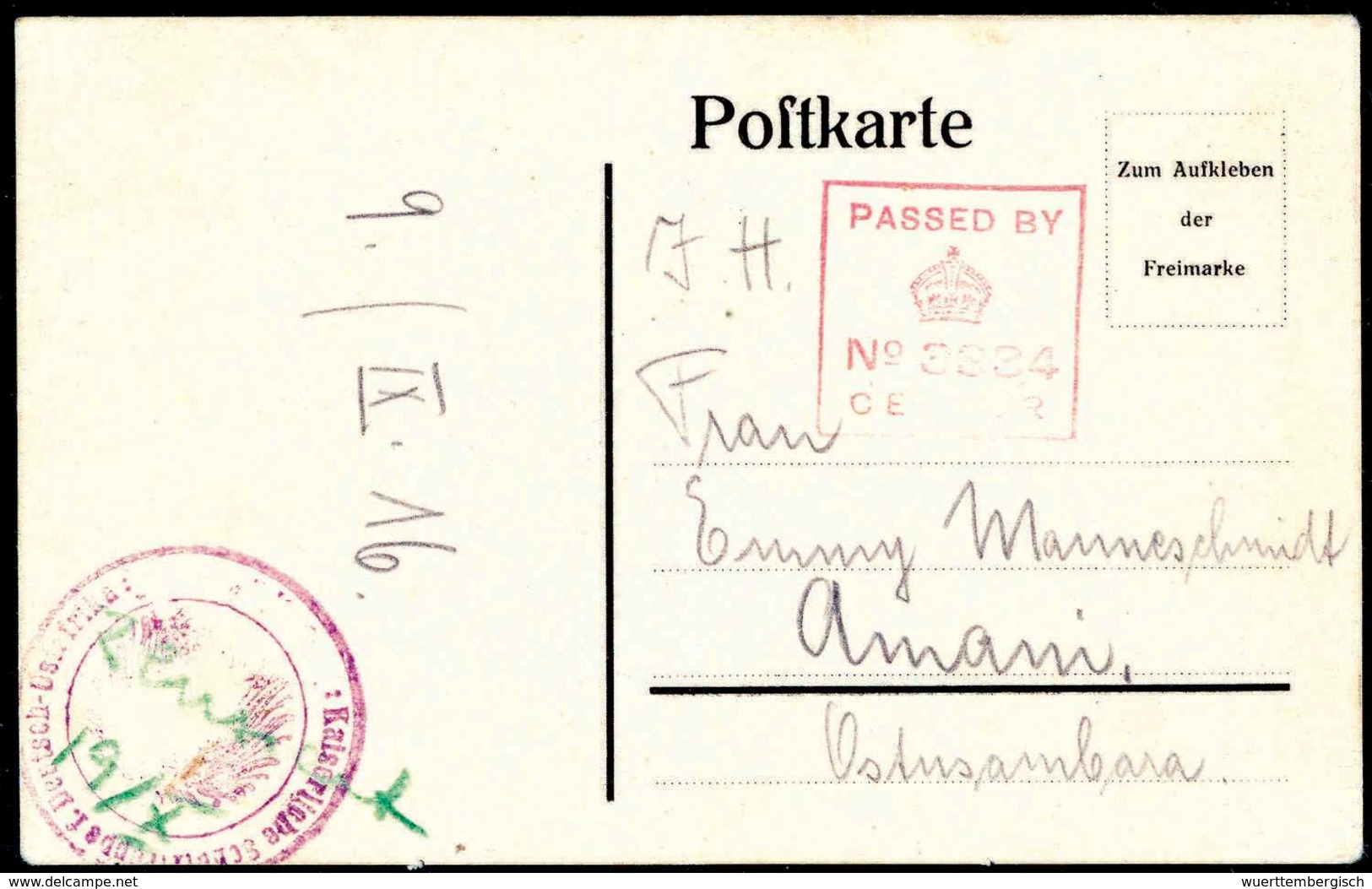 Beleg Parlamentärspost Mit Schutztruppensiegel: 9.IX.16, Hs. Datierung Auf Gef. Zensur-Postkarte Nach Amani. Mit Deutsch - Other & Unclassified