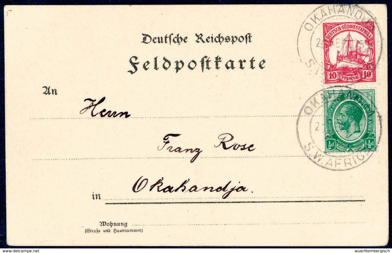 Beleg 10 Pfg. Mit Südafrika ½ P. Auf Aufbrauch-Feldpostkarte Mit Stempel OKAHANDJA S.W.AFRICA 20/9 15. Bedarfsstück, Abg - Andere & Zonder Classificatie