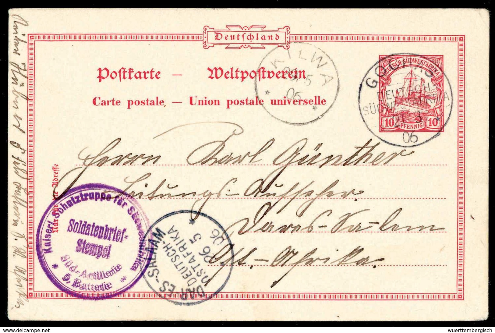 Beleg GOCHAS 21/3 06, Klar Auf Postkarte 10 Pfg. Mit Violettem Soldatenbrief-Stempel "Südartillerie 5.Batterie" Nach Deu - Sonstige & Ohne Zuordnung