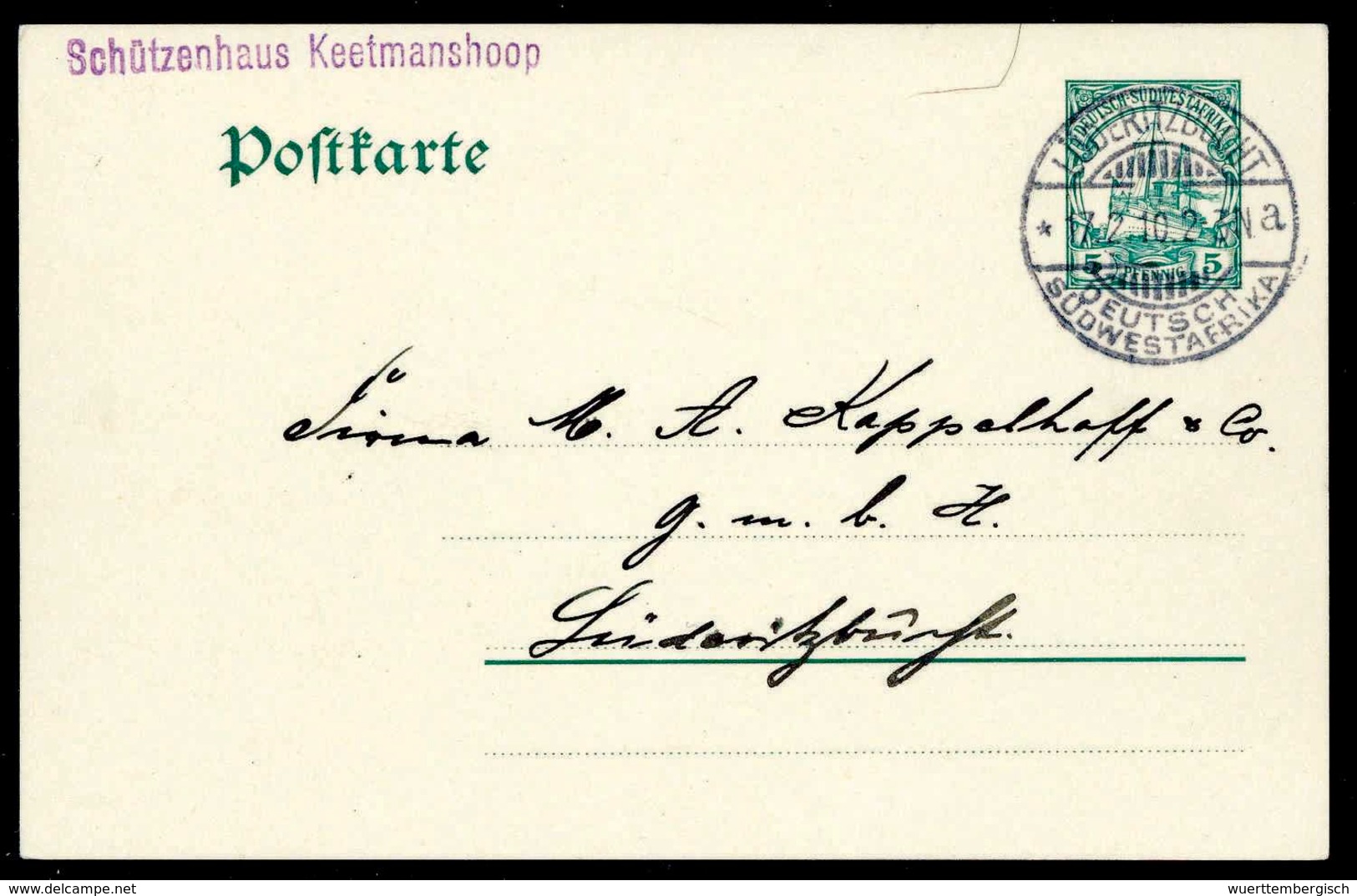 Beleg "Schützenhaus Keetmanshoop", Violetter L1 In Kleiner Und Großer Ausführung, Vs. Und Rs. Auf Postkarte 5 Pfg. Mit S - Altri & Non Classificati