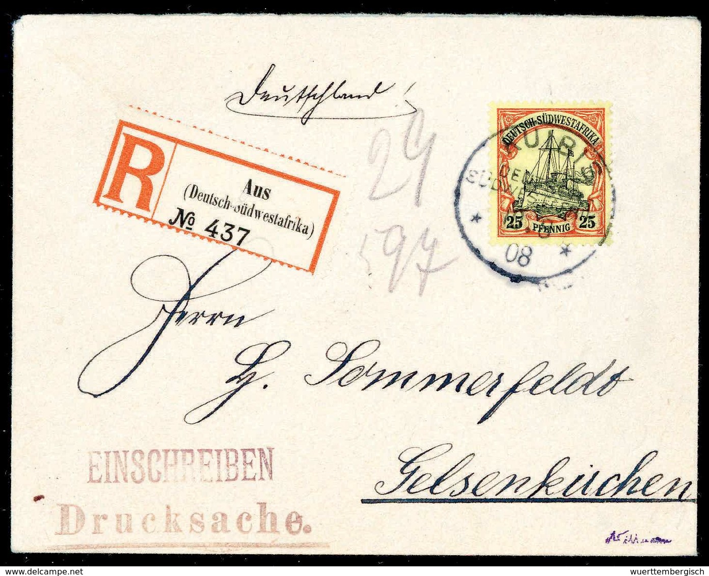 Beleg KUIBIS 10/8 08, Klar Auf Tadelloser Einschreibe-Drucksache 25 Pfg. Mit R-Zettel Von AUS. Selten, Sign. Willmann. ( - Other & Unclassified