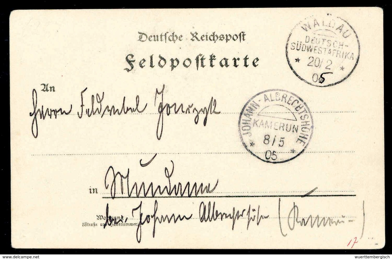 Beleg WALDAU 20/2 "05" (Jz. Hs. über "04"), Klar Auf Tadelloser Feldpostkarte Nach Kamerun Mit Ak.-Stempel JOHANN-ALBREC - Sonstige & Ohne Zuordnung