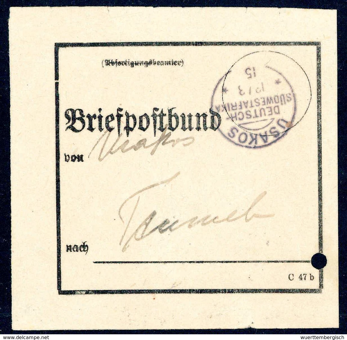 Beleg 1915, Postformular "Briefpostbund" Mit Klarem Stempel USAKOS 13/3 15 (spätes Kriegsdatum) Nach Tsumeb (re. Aktenlo - Sonstige & Ohne Zuordnung