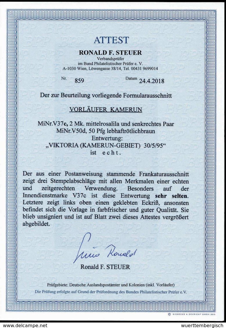 Briefst. 2 Mk. Mittelrosalila Mit Senkr. Paar 50 Pfg. Lilabraun Auf Großem Postanweisungs-Ausschnitt (2 Mk. Kl. Beanstdg - Altri & Non Classificati