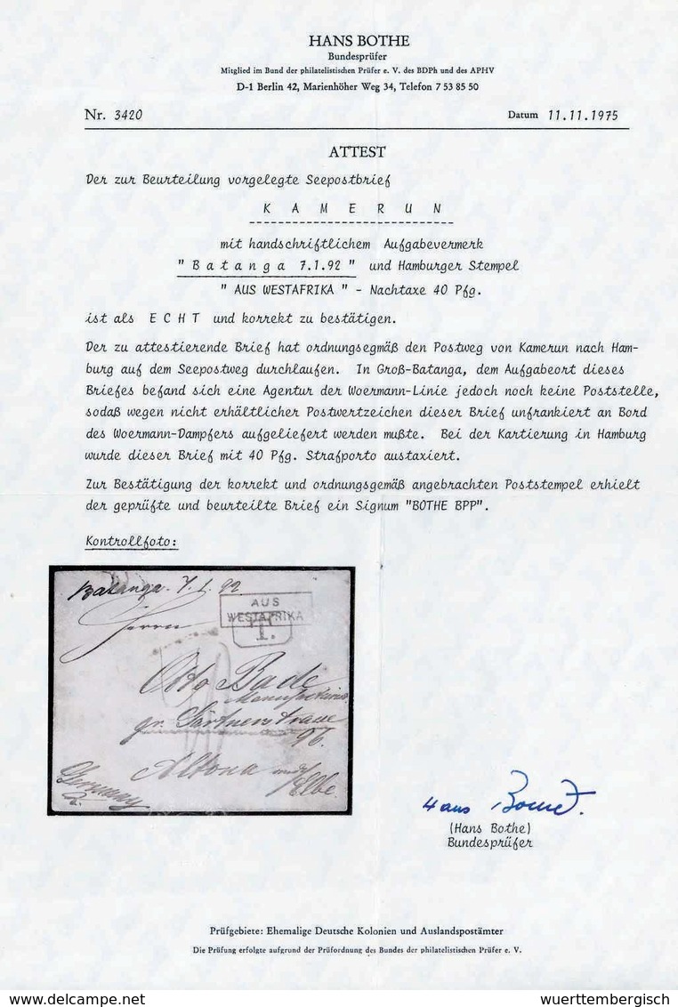 Beleg "Batanga 7.1.92", Hs. Aufgabevermerk Auf Unfrankiertem Brief, Rs. Bezeichnet "Groß-Batanga" Nach Altona. Klarer R2 - Sonstige & Ohne Zuordnung