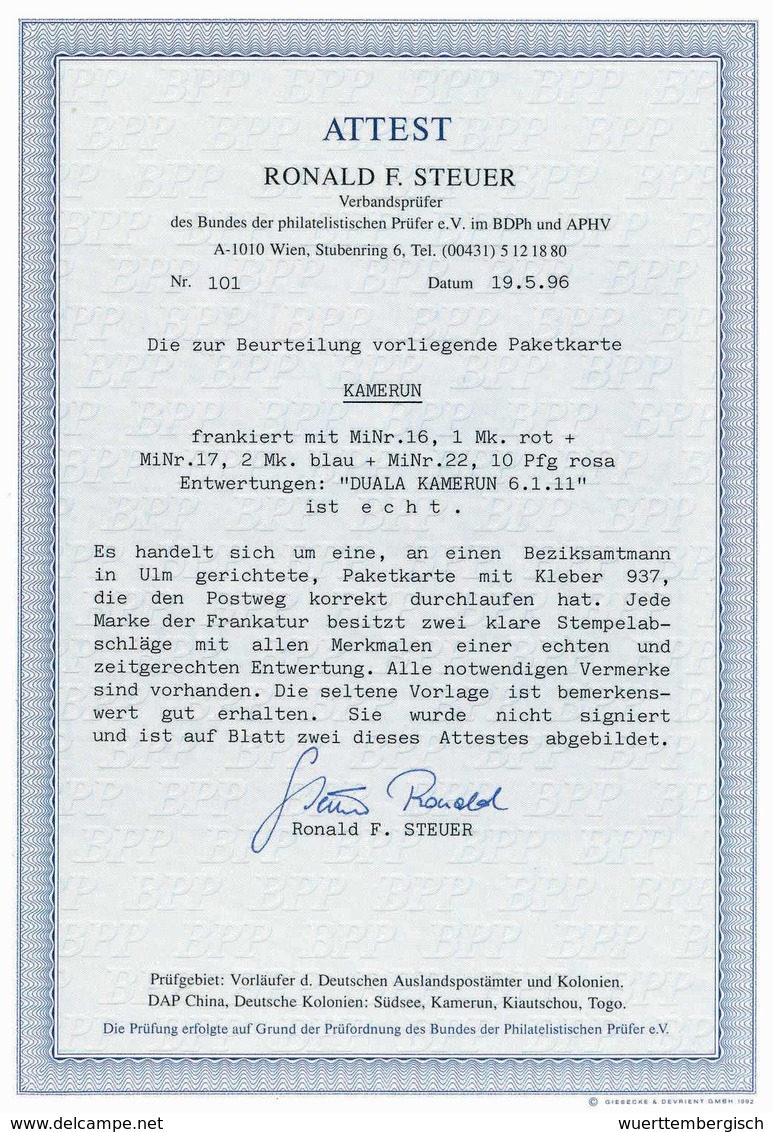 Beleg 1 Mk. Mit 2 Mk. Blau In Mischfrankatur Mit 1906, 10 Pfg. Mit Wz. Auf Tadelloser Paketkarte Für Eine Sendung Von 6½ - Sonstige & Ohne Zuordnung