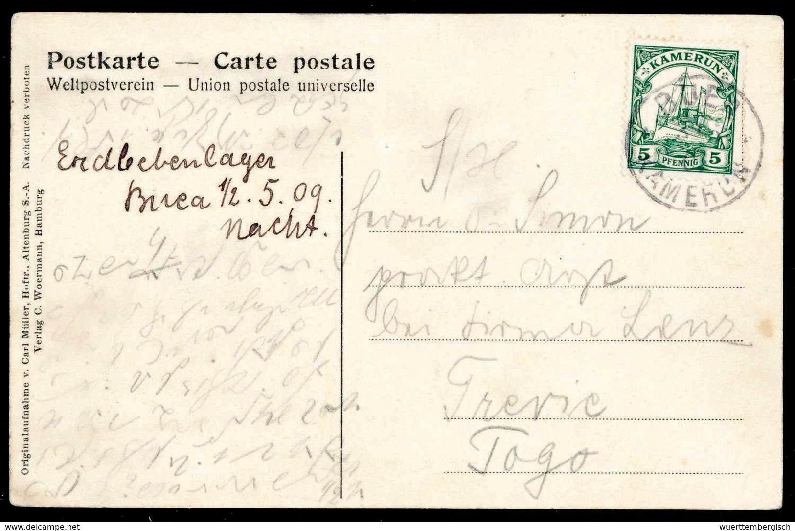 Beleg Erdbebenlager Buea: 5 Pfg., Tadellose Einzelfrankatur Auf Postkarte Mit Stempel BUEA 3/5 09 Nach Tsevie/Togo. Link - Other & Unclassified