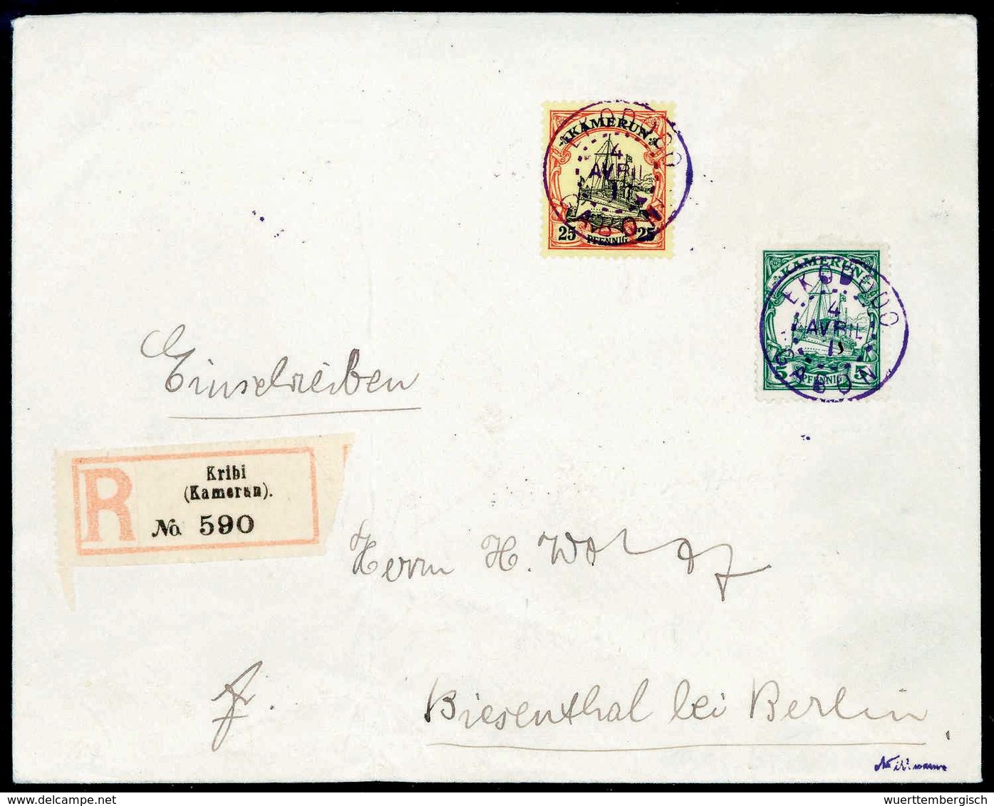 Beleg EKODODO GABON 4/4 13, Violetter Französischer Stempel Zweimal Klar Auf Gef. Einschreibebrief 25 Pfg. Und 5 Pfg. Mi - Sonstige & Ohne Zuordnung