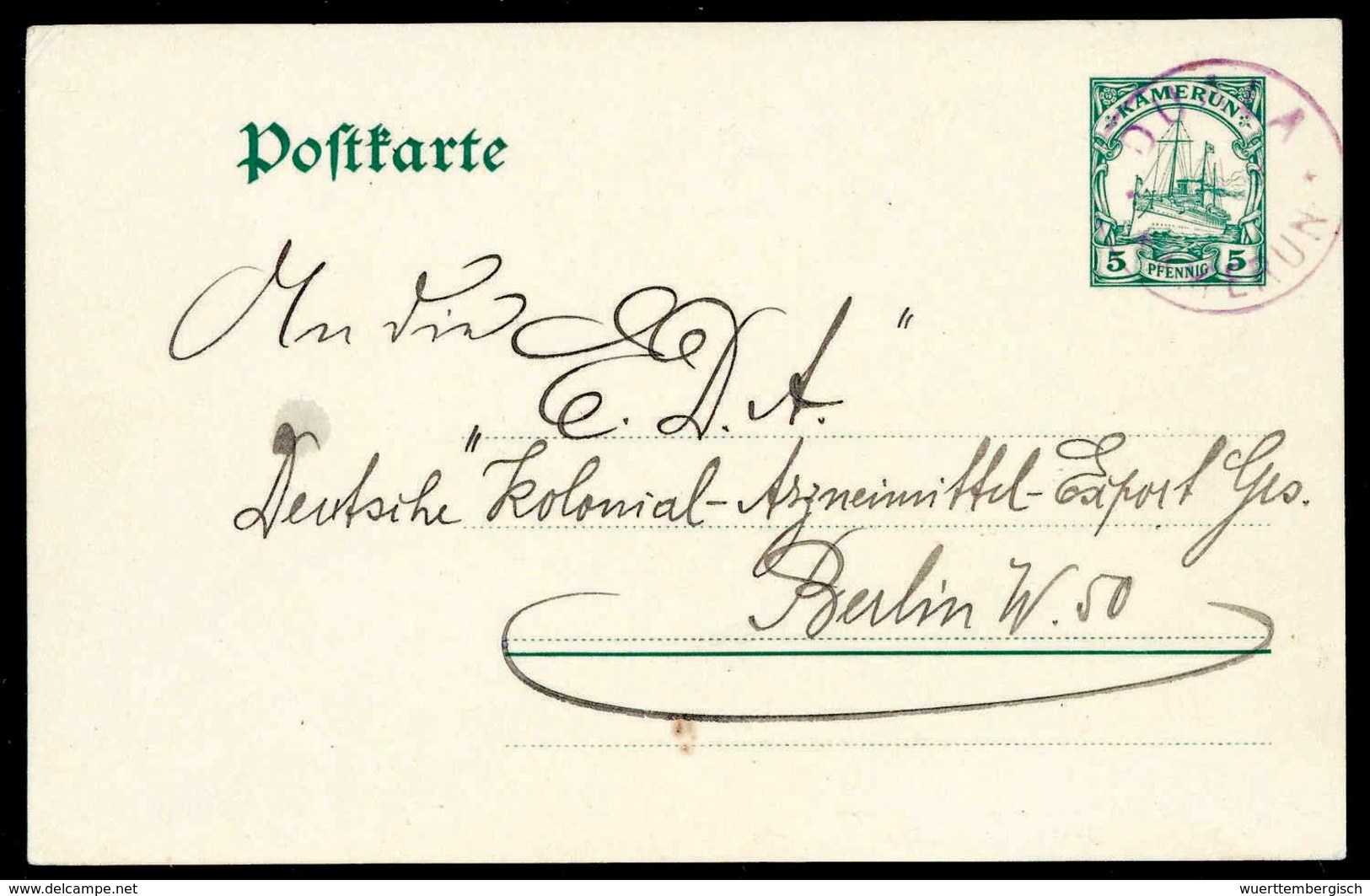 Beleg DUALA KAMERUN 31/8 (ohne Jz. "12"), Klarer Violetter Abschlag Auf Tadelloser Bedarfskarte 5 Pfg. Mit Abs.-Stempel  - Sonstige & Ohne Zuordnung