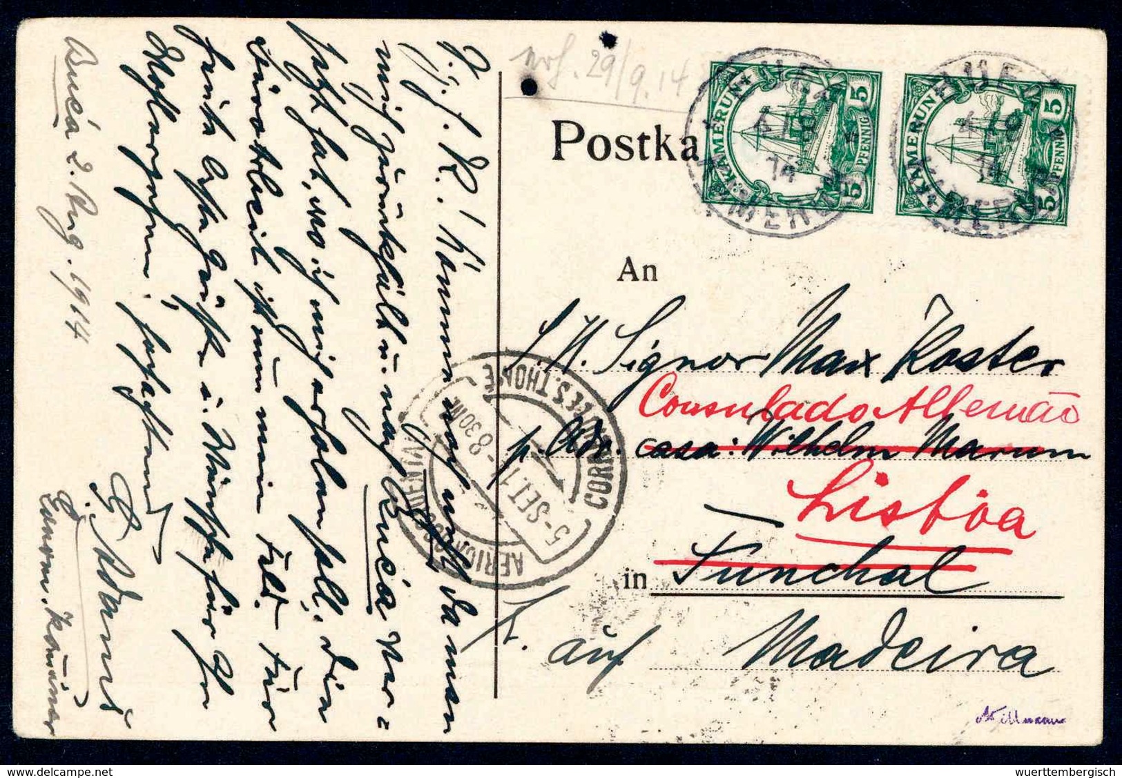 Beleg BUEA 4/8 14, Zweimal Klar Auf Tadelloser Postkarte Mit Paar 5 Pfg. Nach Funchal, Weitergeleitet Nach Lissabon, Obe - Sonstige & Ohne Zuordnung