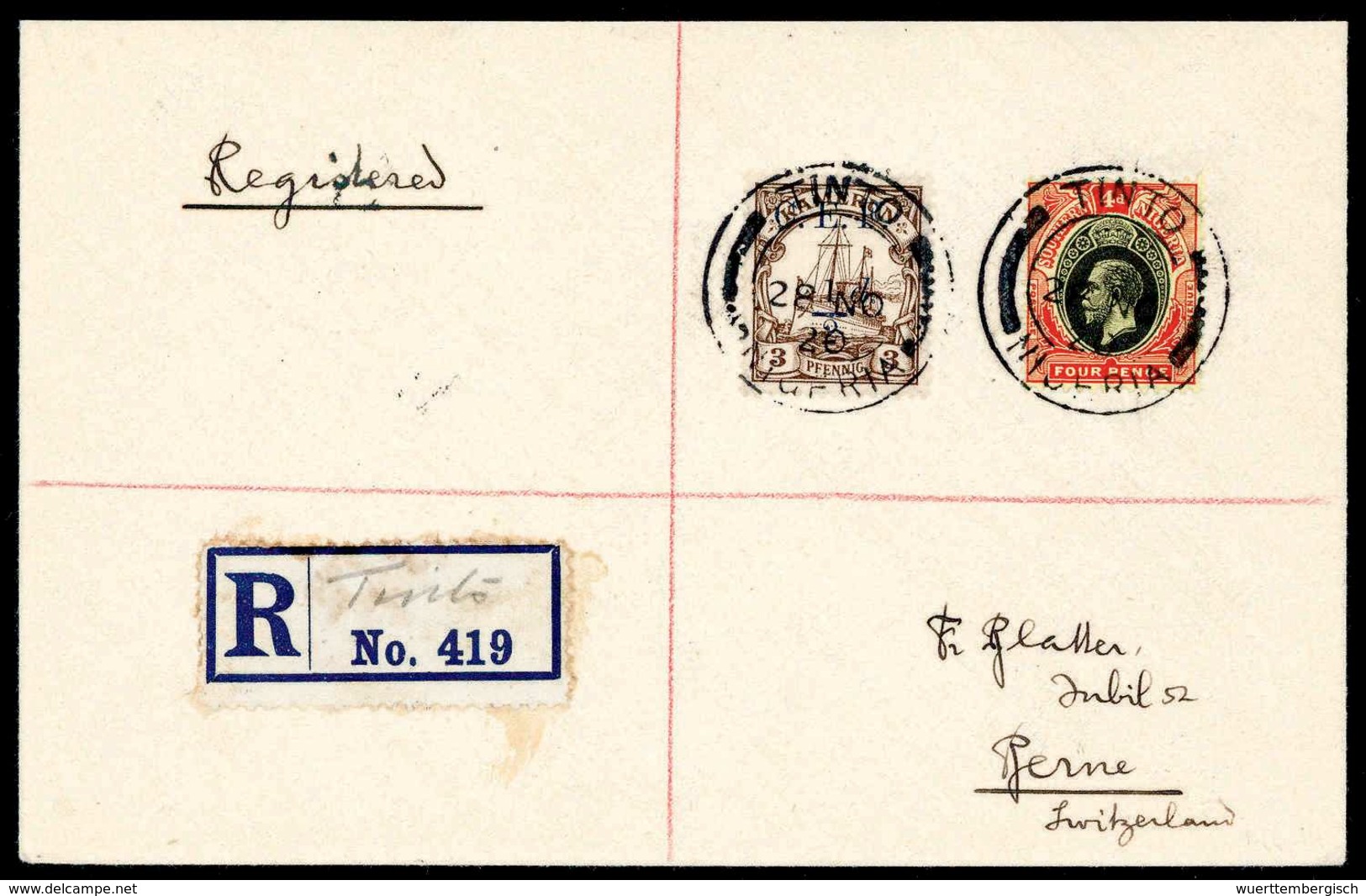 Beleg TINTO 28/11 20, Britischer Stempel Klar Auf R-Brief Britische Besetzung ½ D. A. 3 Pfg. Mit Nigeria 4 P. Nach Bern. - Sonstige & Ohne Zuordnung