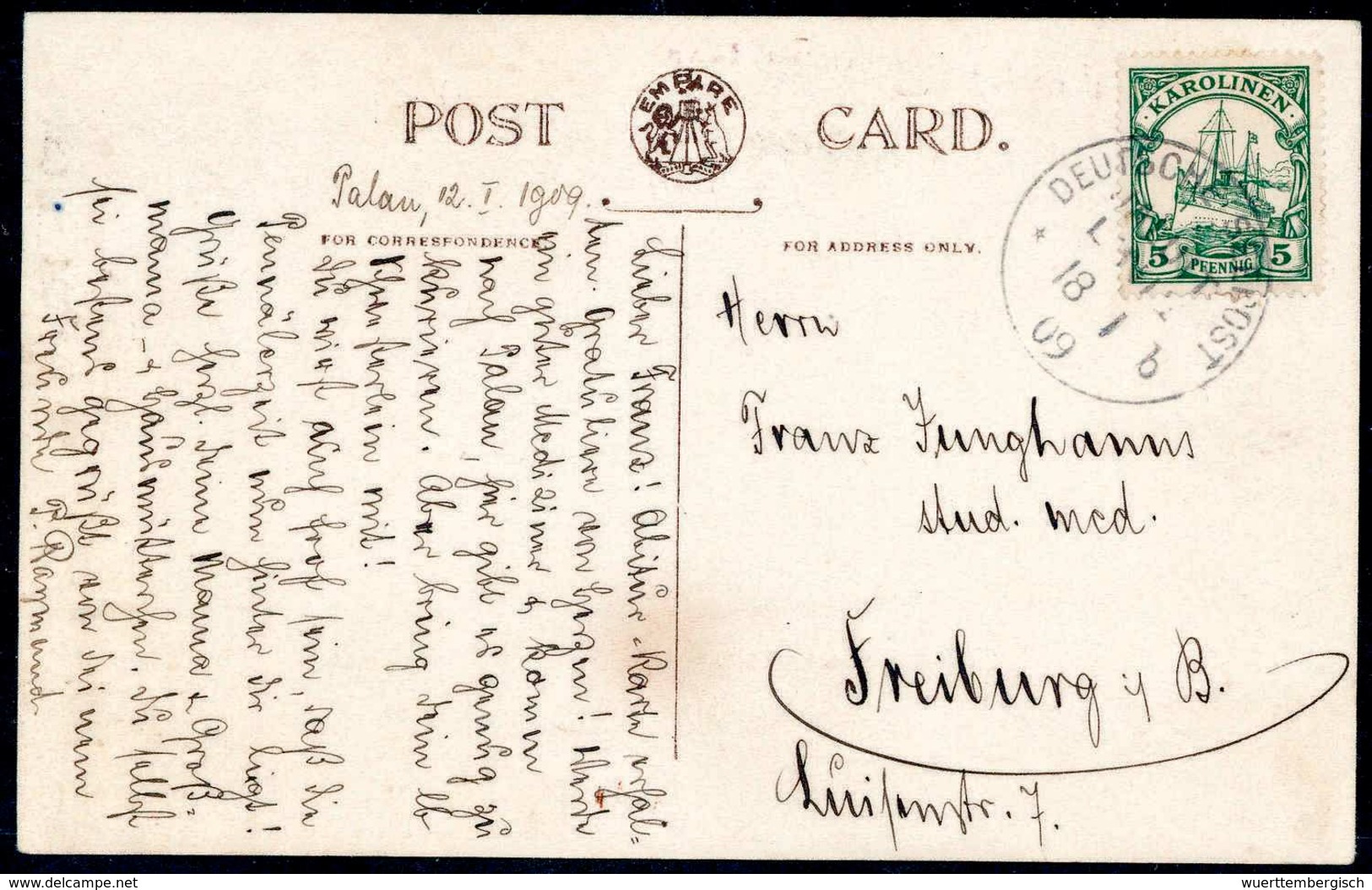 Beleg 5 Pfg., Schöne Bedarfskarte, Datiert "Palau 12/1 09" Nach Freiburg, Klar Aufges. Stempel SEEPOST JALUIT-LINIE "b"  - Other & Unclassified