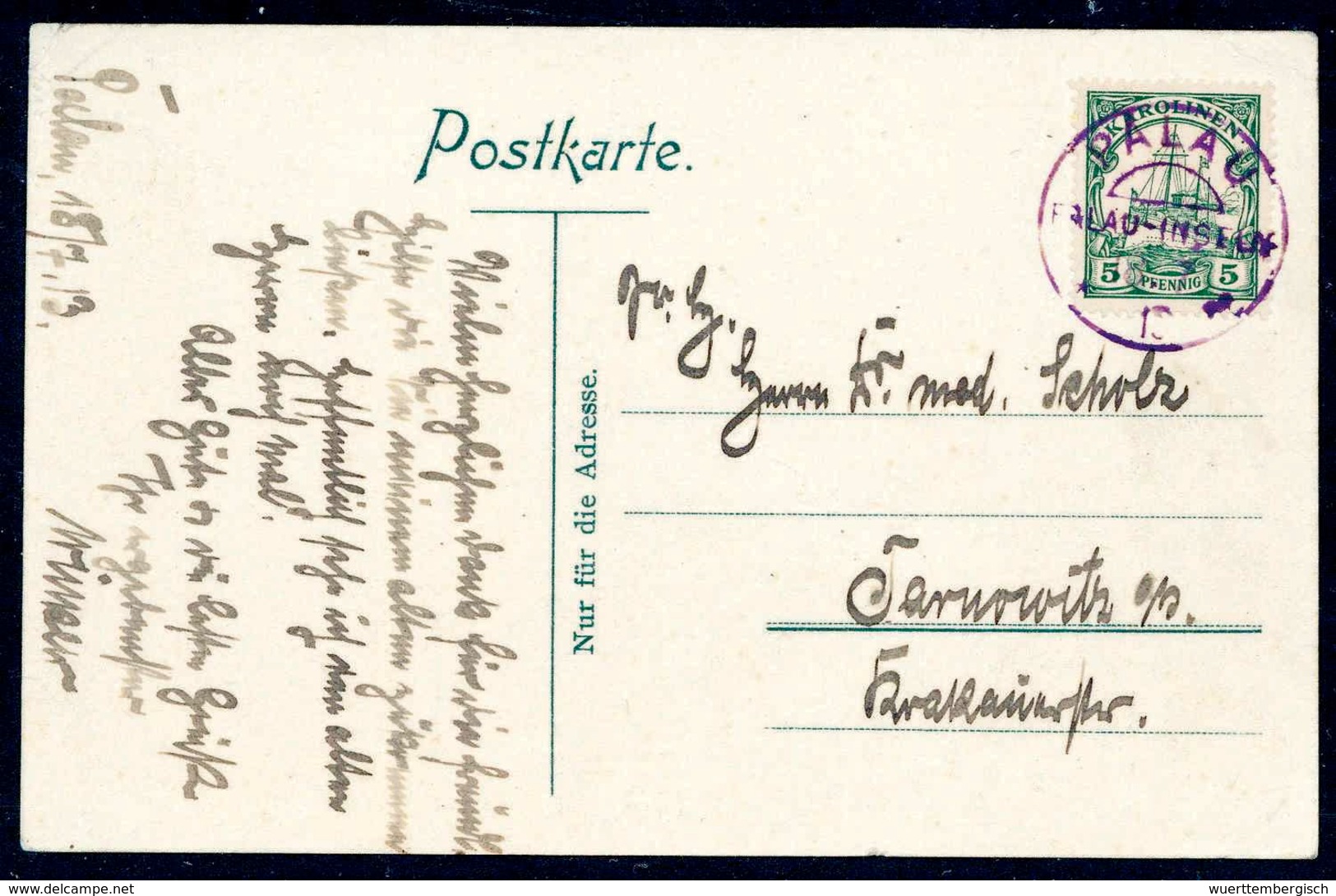 Beleg 5 Pfg., Tadellose Bedarfskarte Mit Violettem Stempel PALAU 18/7 13 Nach Dtld., Rs. "Stationsgebäude Der Deutschen  - Sonstige & Ohne Zuordnung