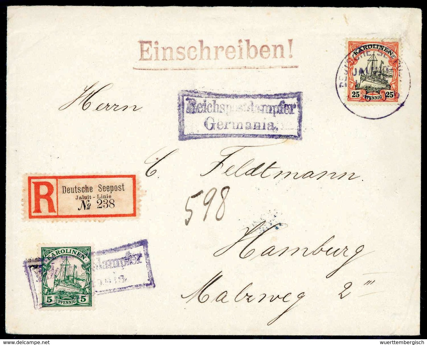 Beleg 5 Pfg. Mit 25 Pfg. Auf Seepost-Einschreibebrief Mit Abs.-Vermerk Aus PONAPE Nach Hamburg, Violette Stempel SEEPOST - Other & Unclassified