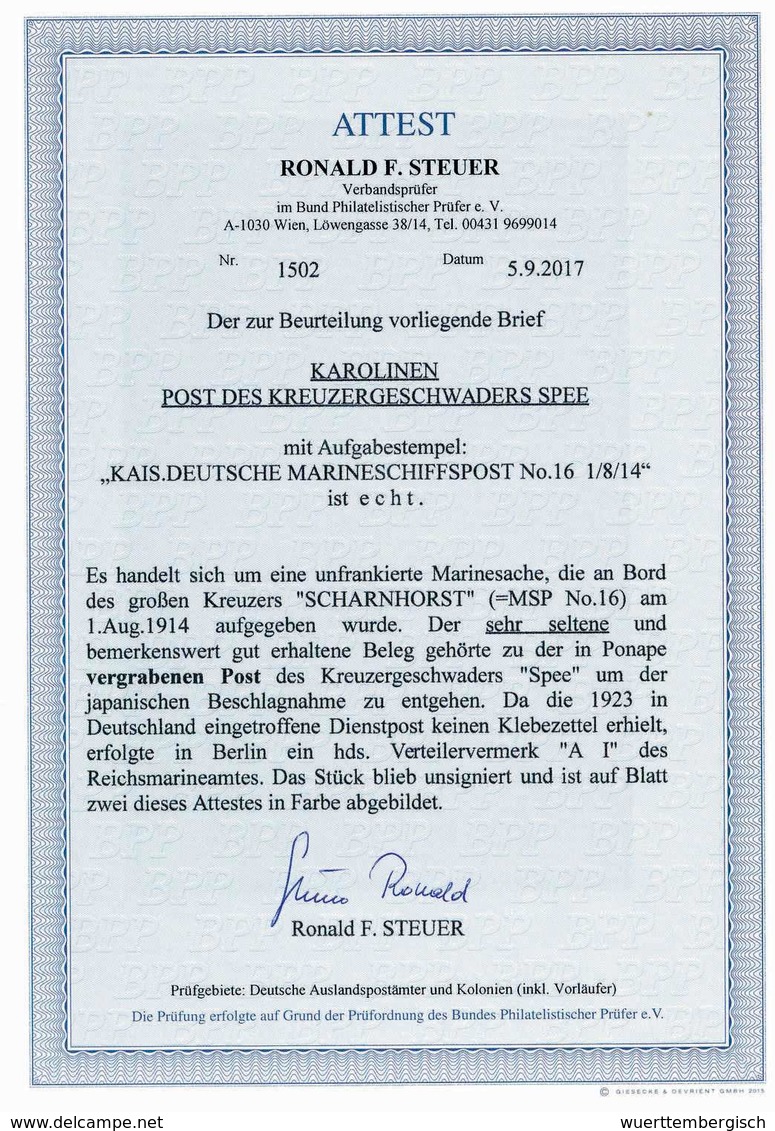 Beleg K.D.MARINE-SCHIFFSPOST No.16 (SMS "Scharnhorst") 1/8 14 (Tag Des Kriegsausbruchs In Europa), Zwei Abschläge Auf Ko - Andere & Zonder Classificatie