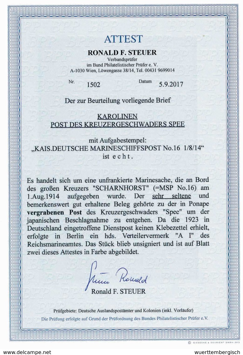 Beleg K.D.MARINE-SCHIFFSPOST No.16 (SMS "Scharnhorst") 1/8 14 (Tag Des Kriegsausbruchs In Europa), Zwei Abschläge Auf Ko - Sonstige & Ohne Zuordnung