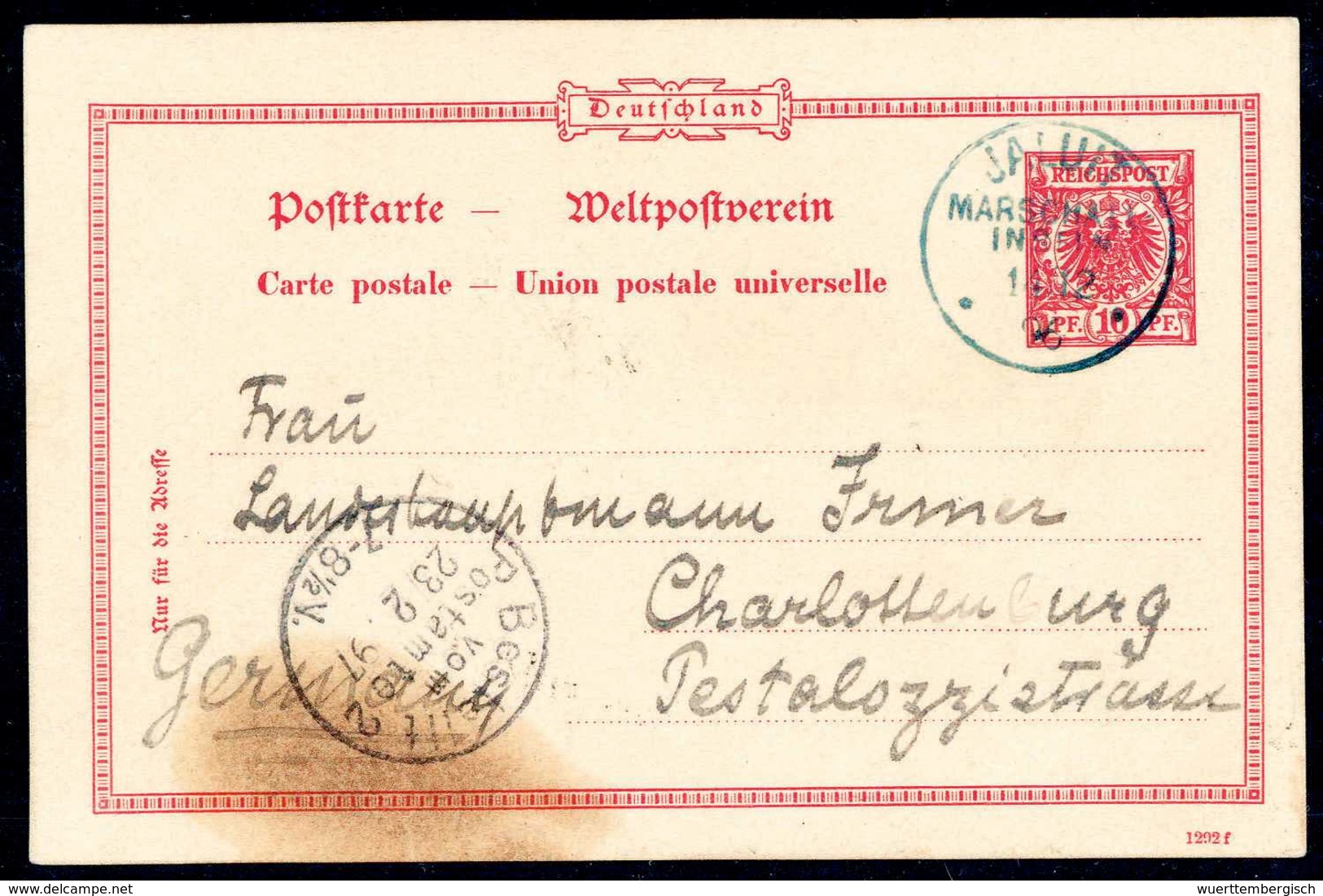 Beleg 10 Pfg., Postkarte Nach Dtld. (li. Unten Fleckig), Geschrieben Von Landeshauptmann Irmer, Seltene Entwertung Durch - Other & Unclassified