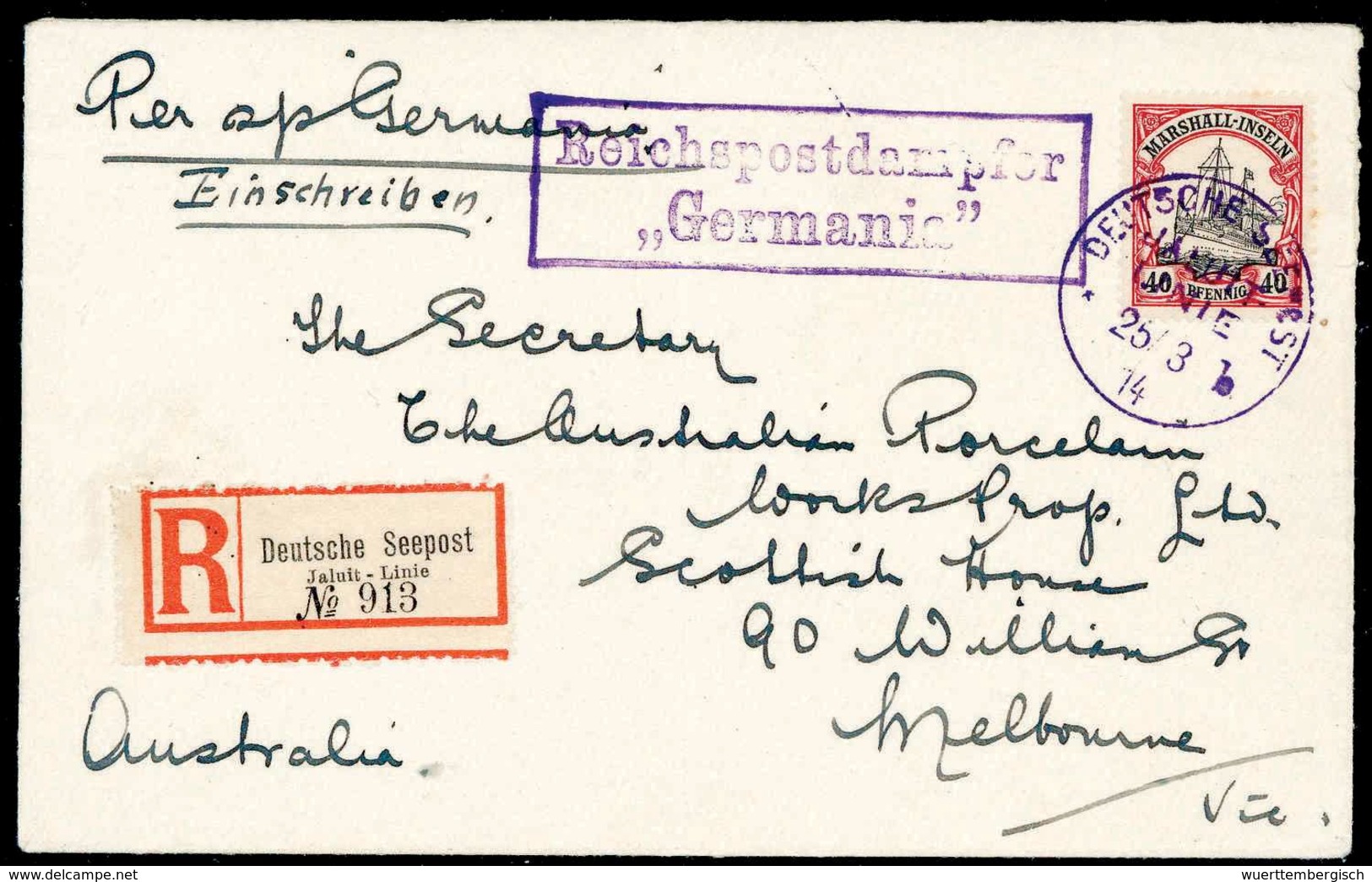 Beleg 40 Pfg., Tadellose Einzelfrankatur Mit Violettem Stempel SEEPOST JALUIT-LINIE "b" 25/3 14 Auf Gef. Bedarfs-Einschr - Other & Unclassified