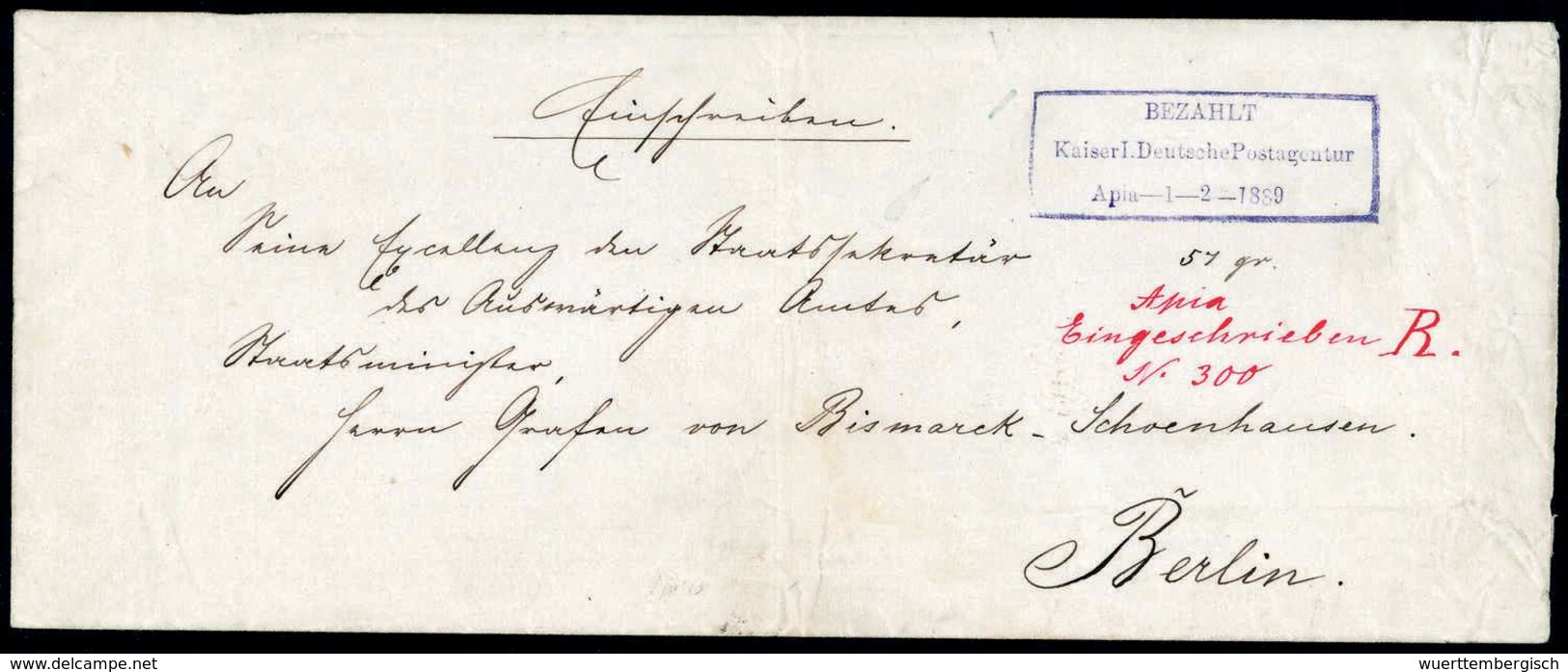 Beleg Aushilfs-Kastenstempel Auf R-Brief: BEZAHLT KAISERL. DEUTSCHE POSTAGENTUR APIA - 1-2-1889, Violetter R3 In Einem B - Other & Unclassified