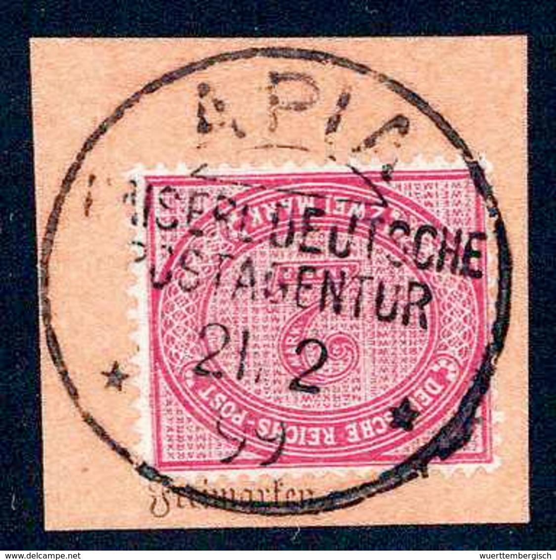 Briefst. 2 Mk., Tadelloser PA-Abschnitt Mit Vollem Stempel APIA KDPA 21/2 99.<br/><b>Katalogpreis: 350,-+</b> (Michel: V - Sonstige & Ohne Zuordnung