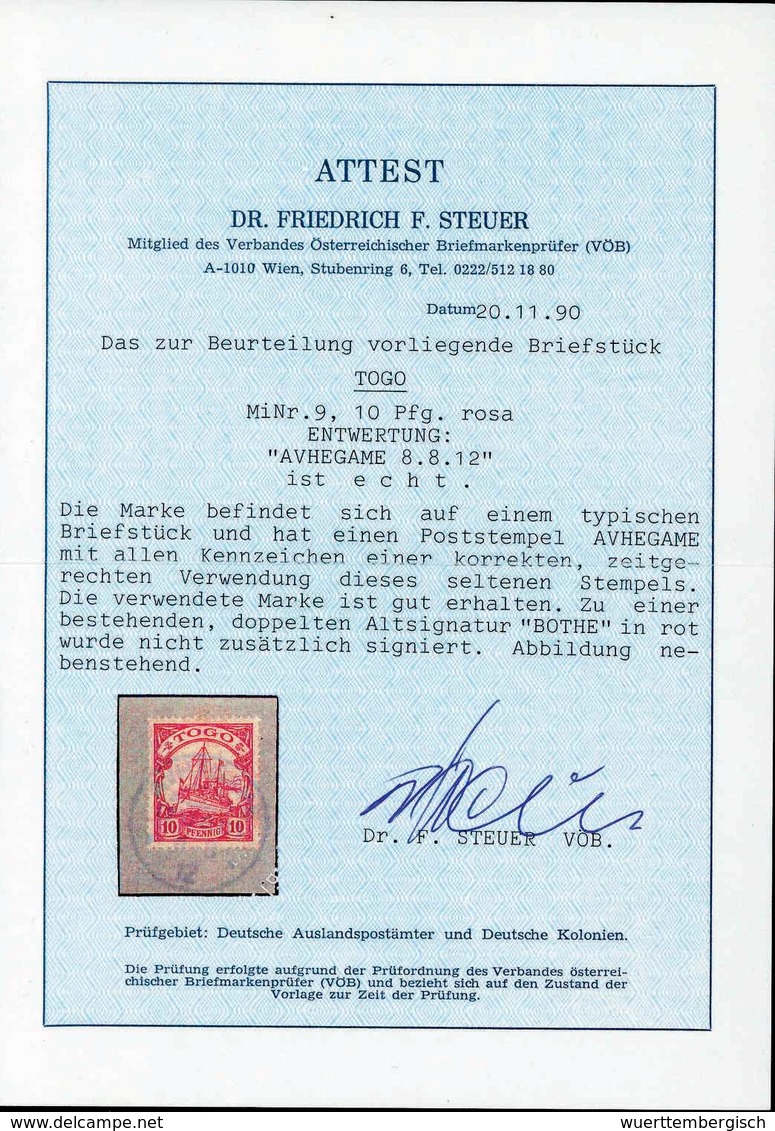 Briefst. AVHEGAME 8/8 12, Vollständiger Abschlag Auf Tadellosem Bfstk. 10 Pfg. Der Seltenste Togo-Stempel, Welcher Fast  - Other & Unclassified