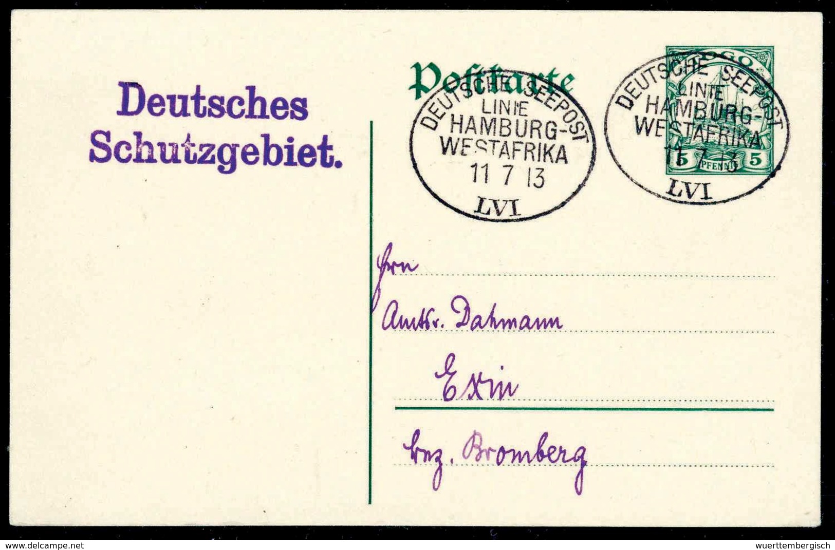 Beleg HAMBURG-WESTAFRIKA "LVI" 11/7 13, Klar Auf Tadelloser Dahmann-Postkarte 5 Pfg., Beiges. L2 "Deutsches Schutzgebiet - Other & Unclassified