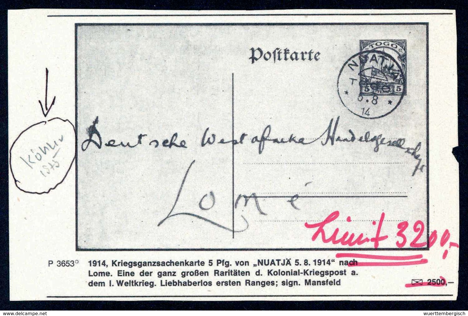 Beleg NUATJÄ 5/8 14, Ideal Auf Tadelloser Bedarfs-Inlandskarte Nach Lome. Inlands-Kriegspost Aus Togo Ist Sehr Selten, A - Other & Unclassified