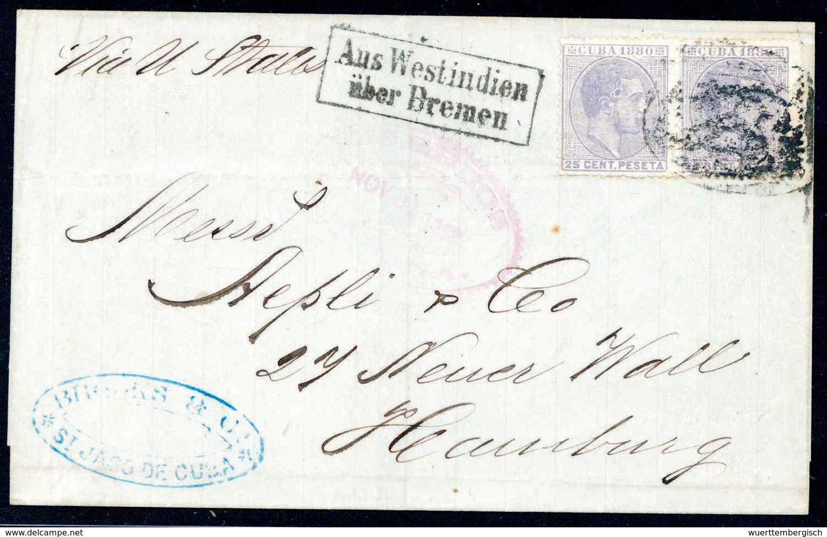 Beleg 1880, St.Jago De Cuba, Gef. Brief Mit Waagr. Paar 25 C. über Havanna Mit Leitvermerk "via U.States" Nach Hamburg,  - Other & Unclassified