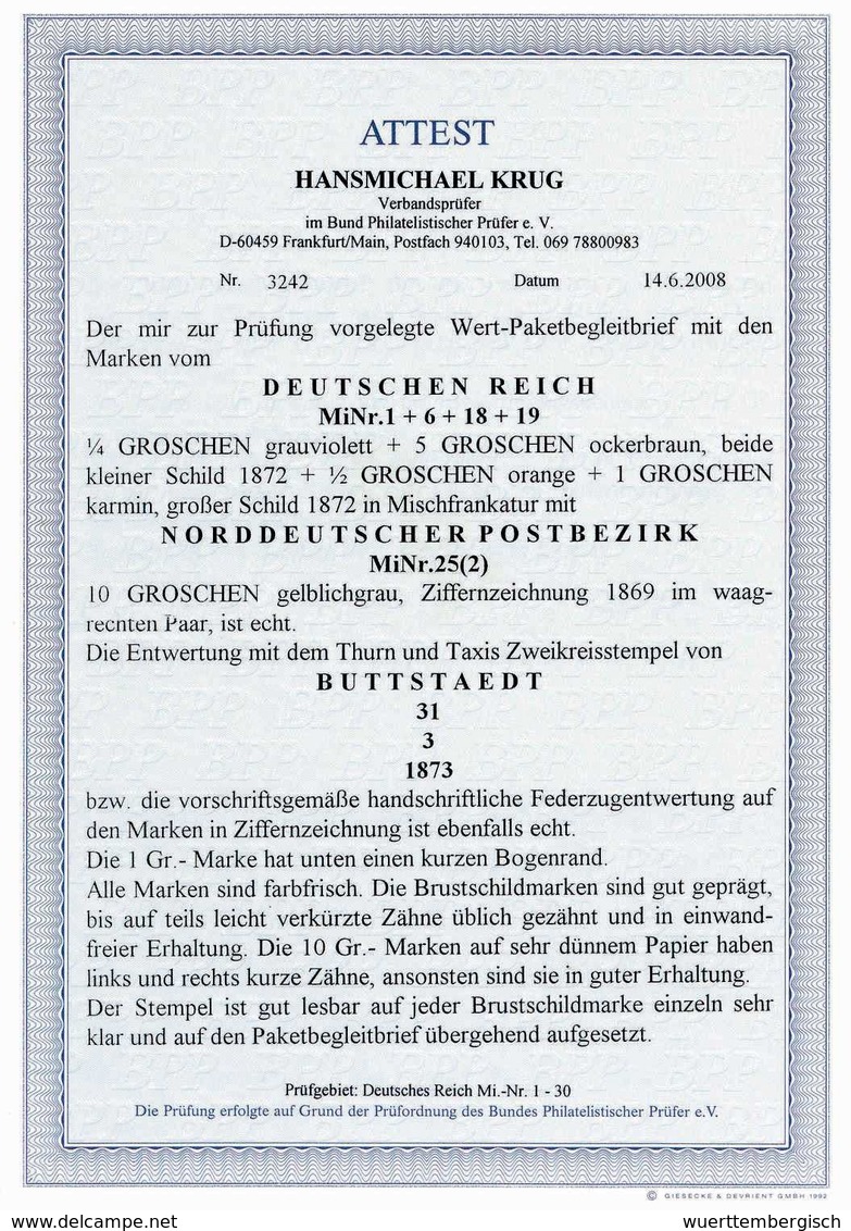 Beleg ¼ Gr. Mit 5 Gr. Ockerbraun Sowie Gr. Schild ½ Gr. Orange Und 1 Gr. Karmin In Mischfrankatur Mit Norddeutscher Post - Sonstige & Ohne Zuordnung