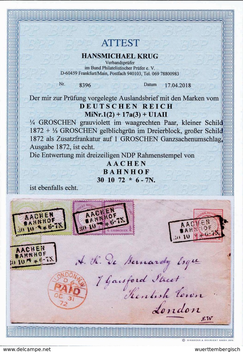 Beleg ¼ Gr., Waagr. Paar In Mischfrankatur Mit Dreierblock 1/3 Gr. Hellgrün, Gr.Schild,  Auf Ganzsachenumschlag 1 Gr. Ro - Sonstige & Ohne Zuordnung