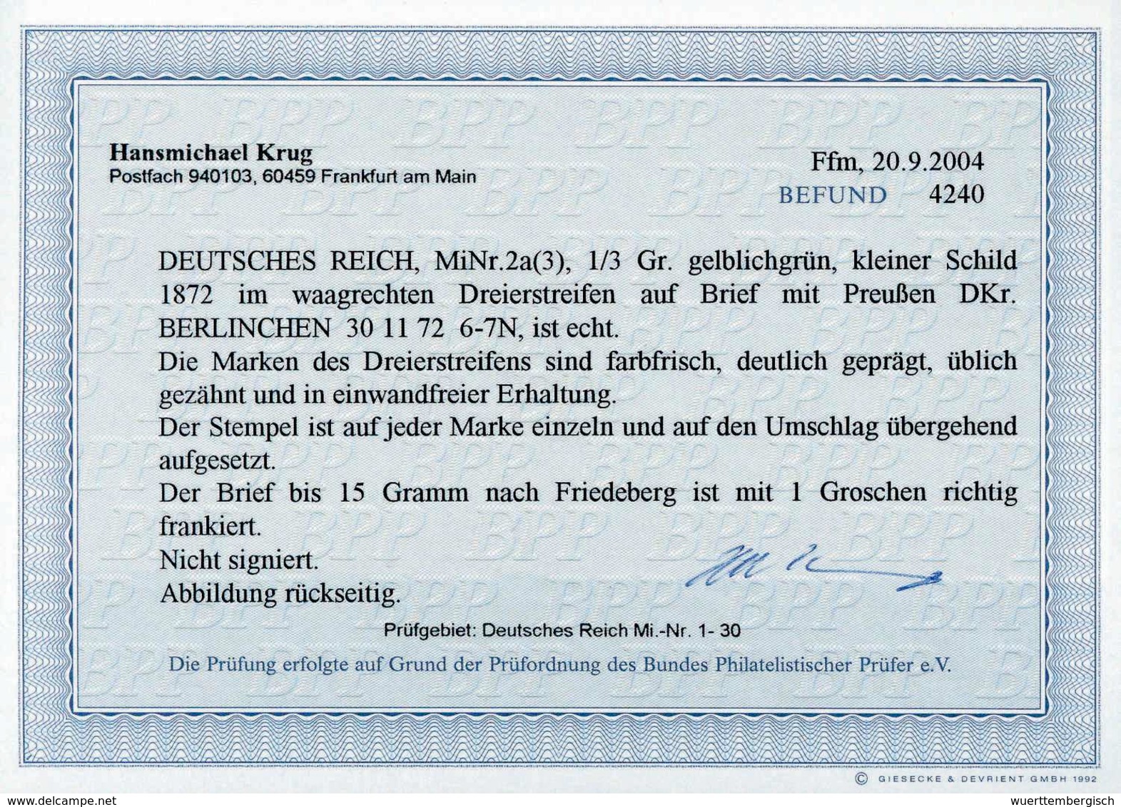 Beleg 1/3 Gr., Waagr. Luxus-Dreierstreifen Mit Sauber Aufges. K2 BERLINCHEN 30/11 72 Auf Aktenfrischem, Weißem Kuvert Na - Sonstige & Ohne Zuordnung