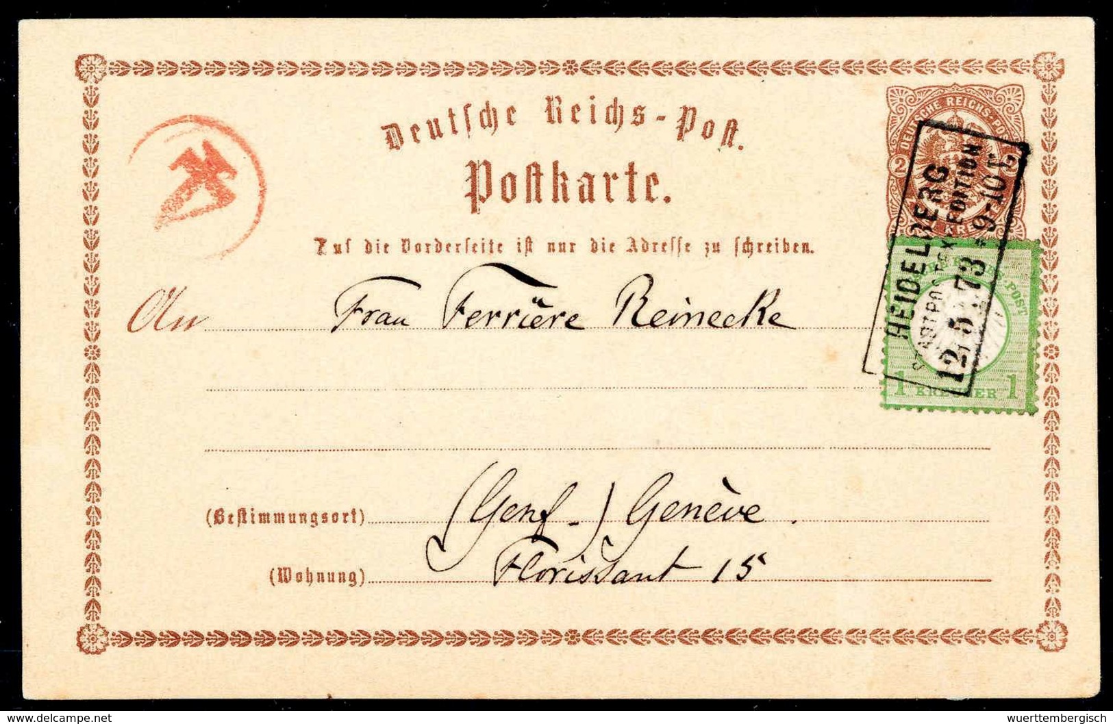 Beleg 1 Kr., Zusatzfrankatur Auf Ganzsachenkarte 2 Kr. Braun Mit Klarem R3 HEIDELBERG 12/5 73 In Die Schweiz, Li. Oben M - Other & Unclassified